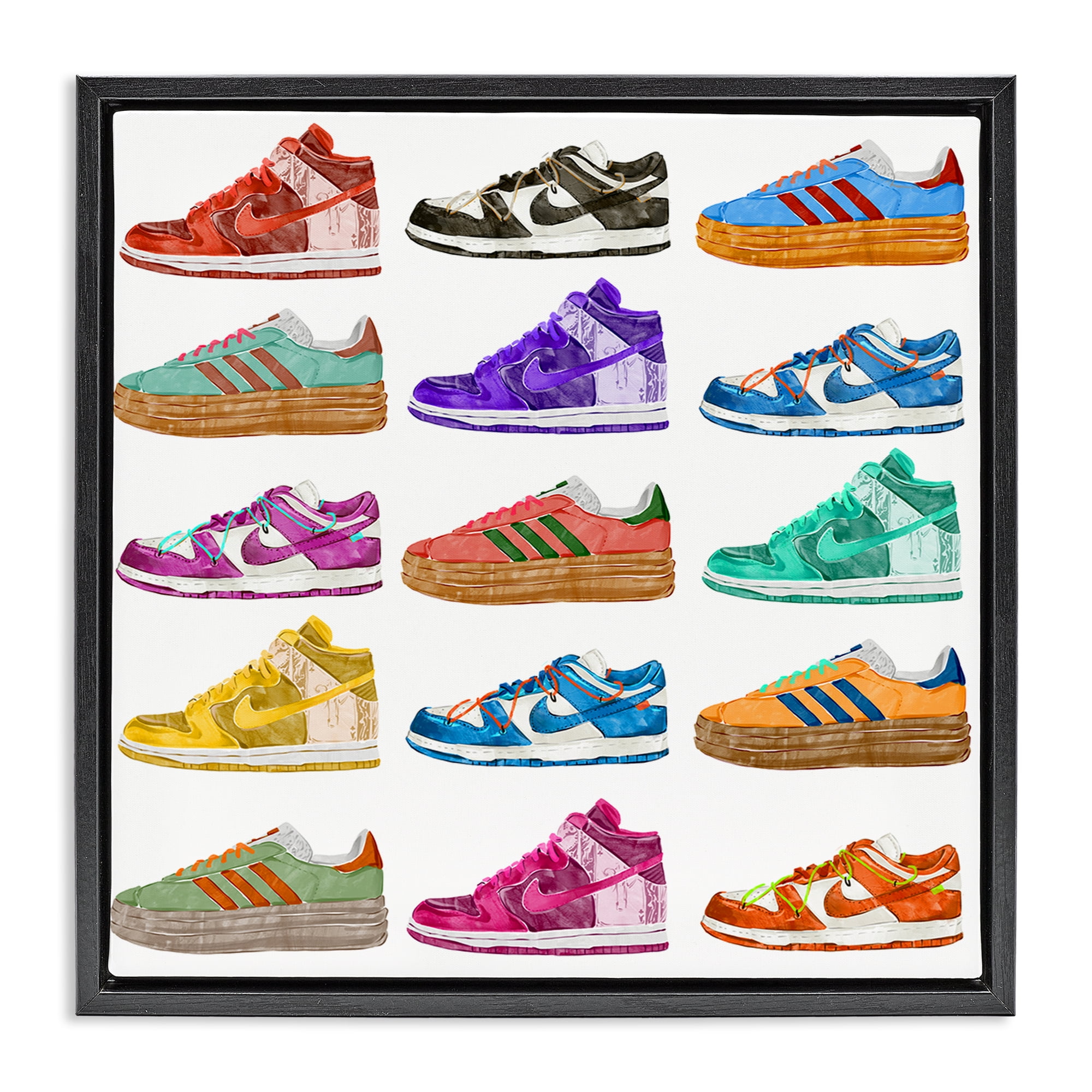 Stupell Industries Fashion Sneakers Array Fashion Painting Black Floater Framed Canvas Art Print Wall Art, 18 x 18