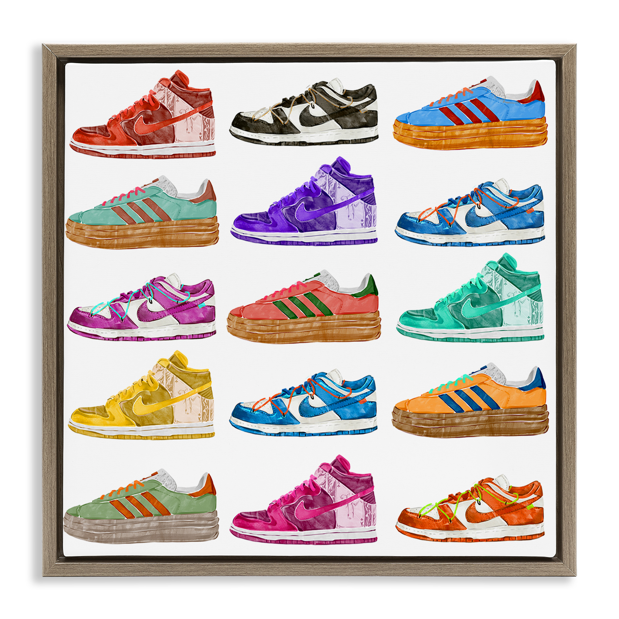 Stupell Industries Fashion Sneakers Array Fashion Painting Brown Floater Framed Canvas Art Print Wall Art, 18 x 18