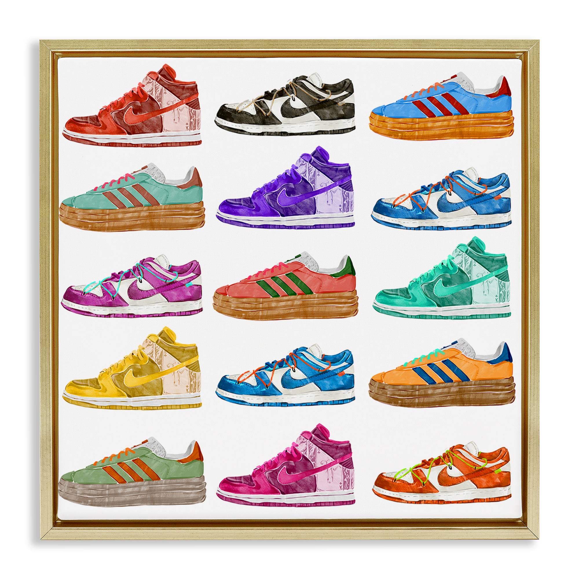 Stupell Industries Fashion Sneakers Array Fashion Painting Gold Floater Framed Canvas Art Print Wall Art, 18 x 18