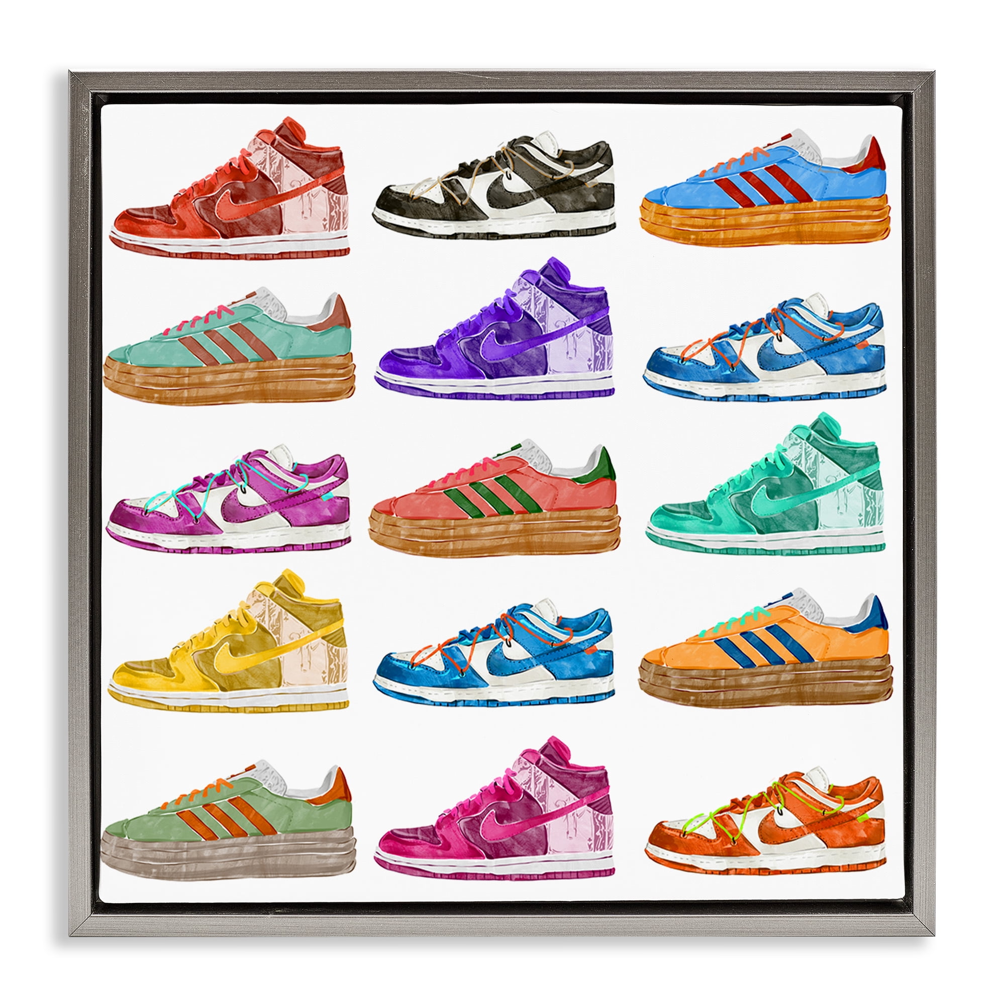 Stupell Industries Fashion Sneakers Array Fashion Painting Gray Floater Framed Canvas Art Print Wall Art, 25 x 25