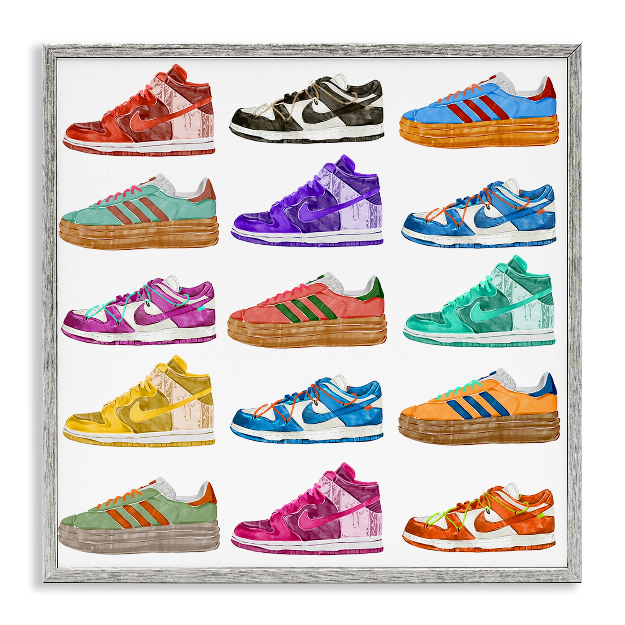 Stupell Industries Fashion Sneakers Array Fashion Painting Gray Framed Art Print Wall Art, 17 x 17