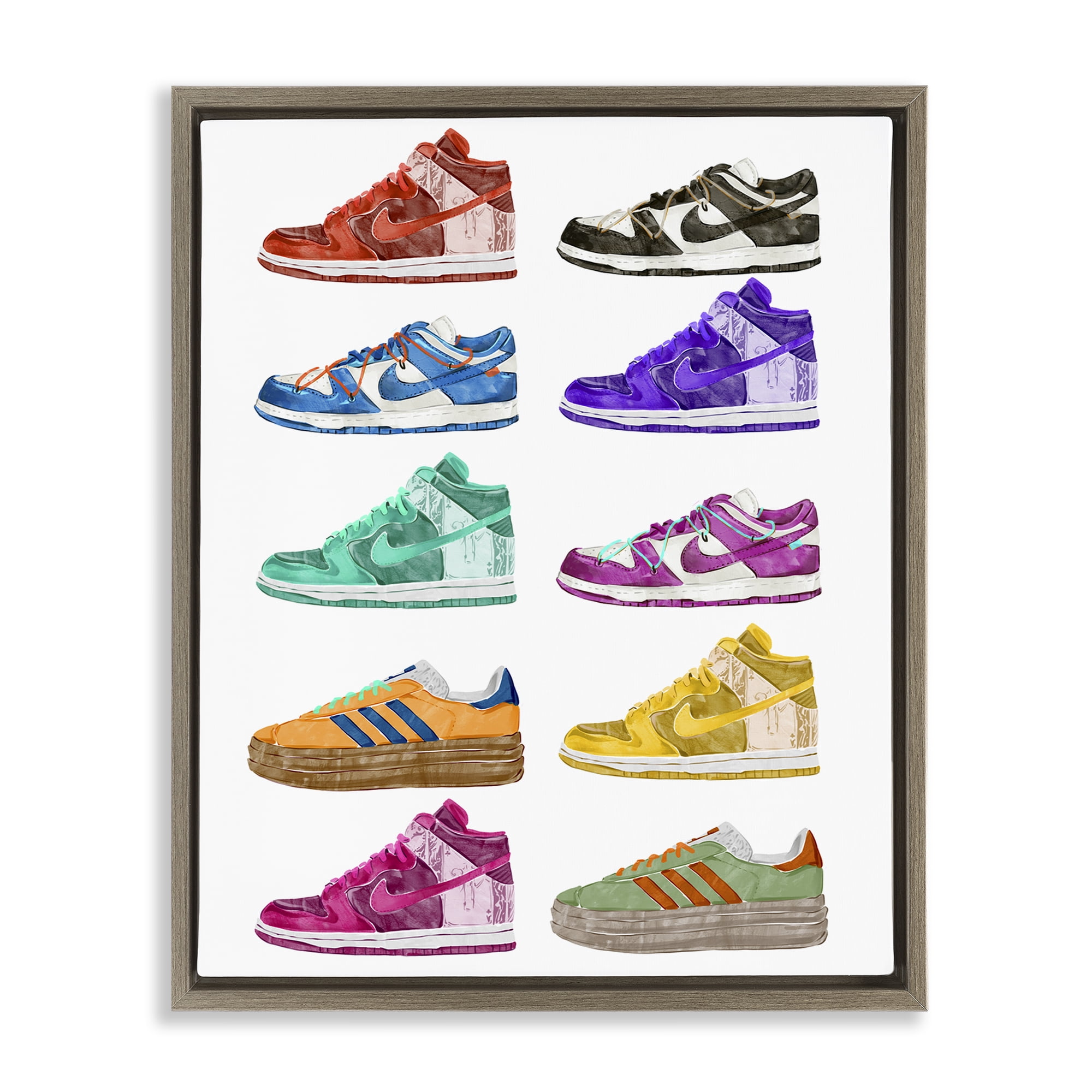 Stupell Industries Fashion Sneakers Assortment Fashion Painting Brown Floater Framed Canvas Art Print Wall Art, 17 x 21