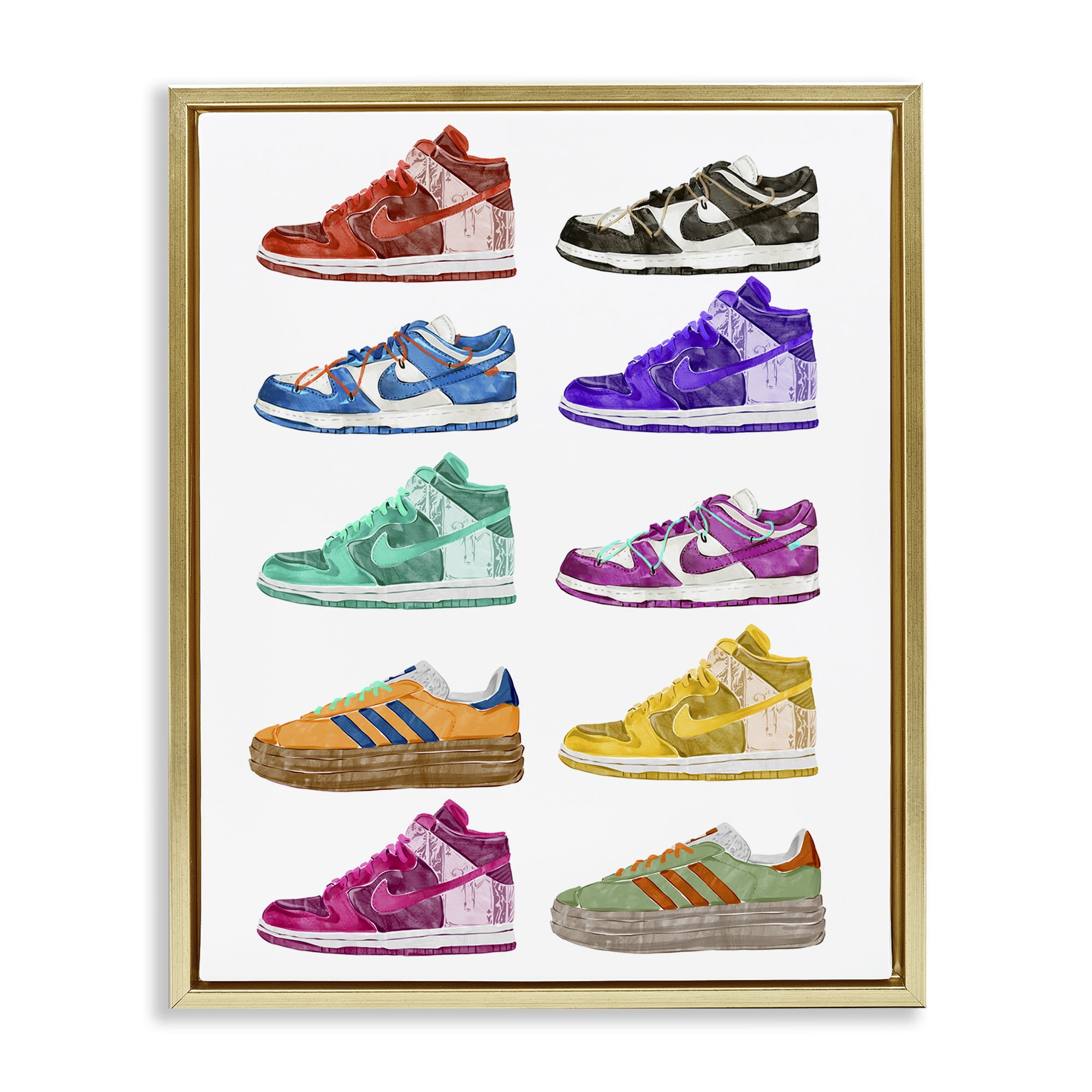 Stupell Industries Fashion Sneakers Assortment Fashion Painting Gold Floater Framed Canvas Art Print Wall Art, 17 x 21