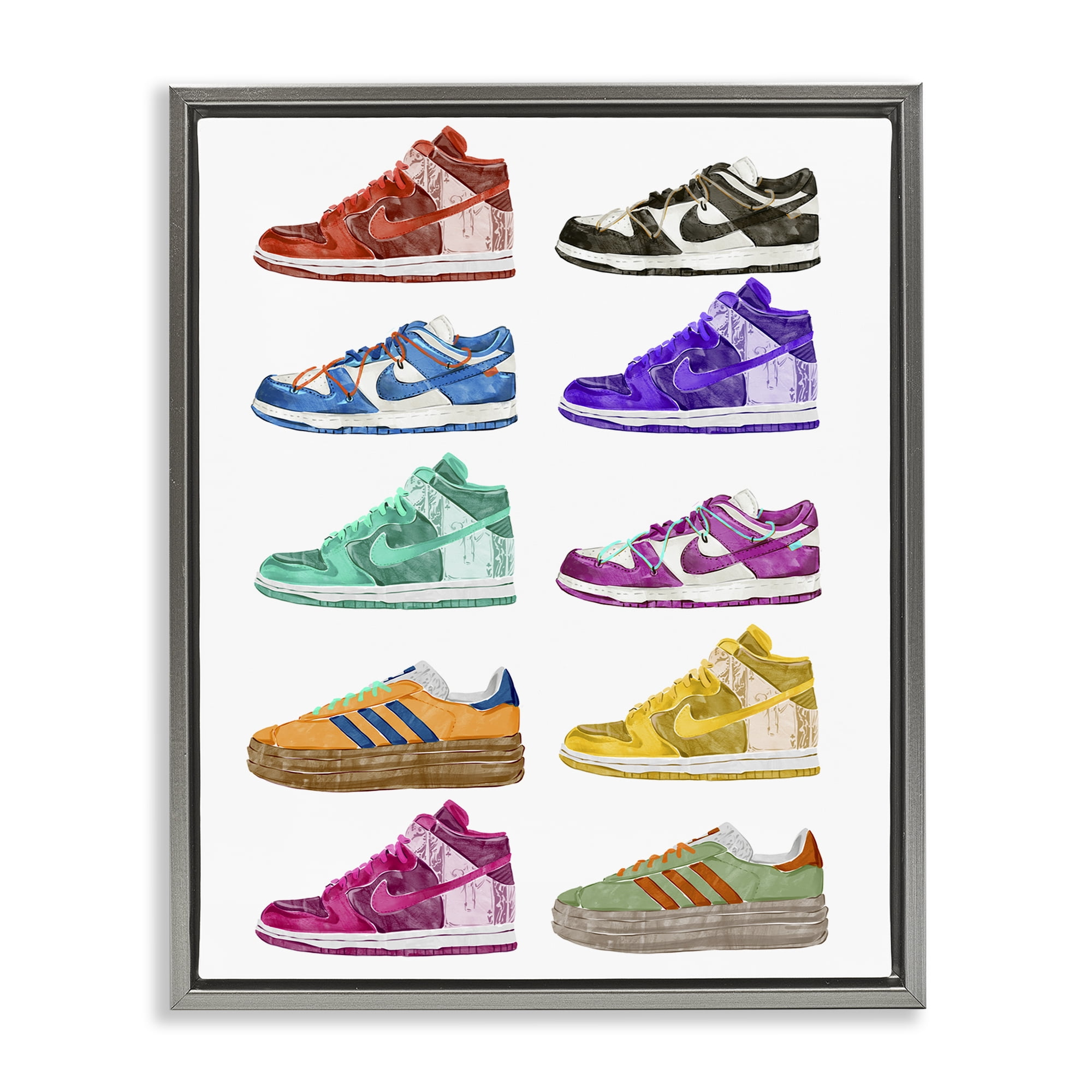 Stupell Industries Fashion Sneakers Assortment Fashion Painting Gray Floater Framed Canvas Art Print Wall Art, 25 x 31