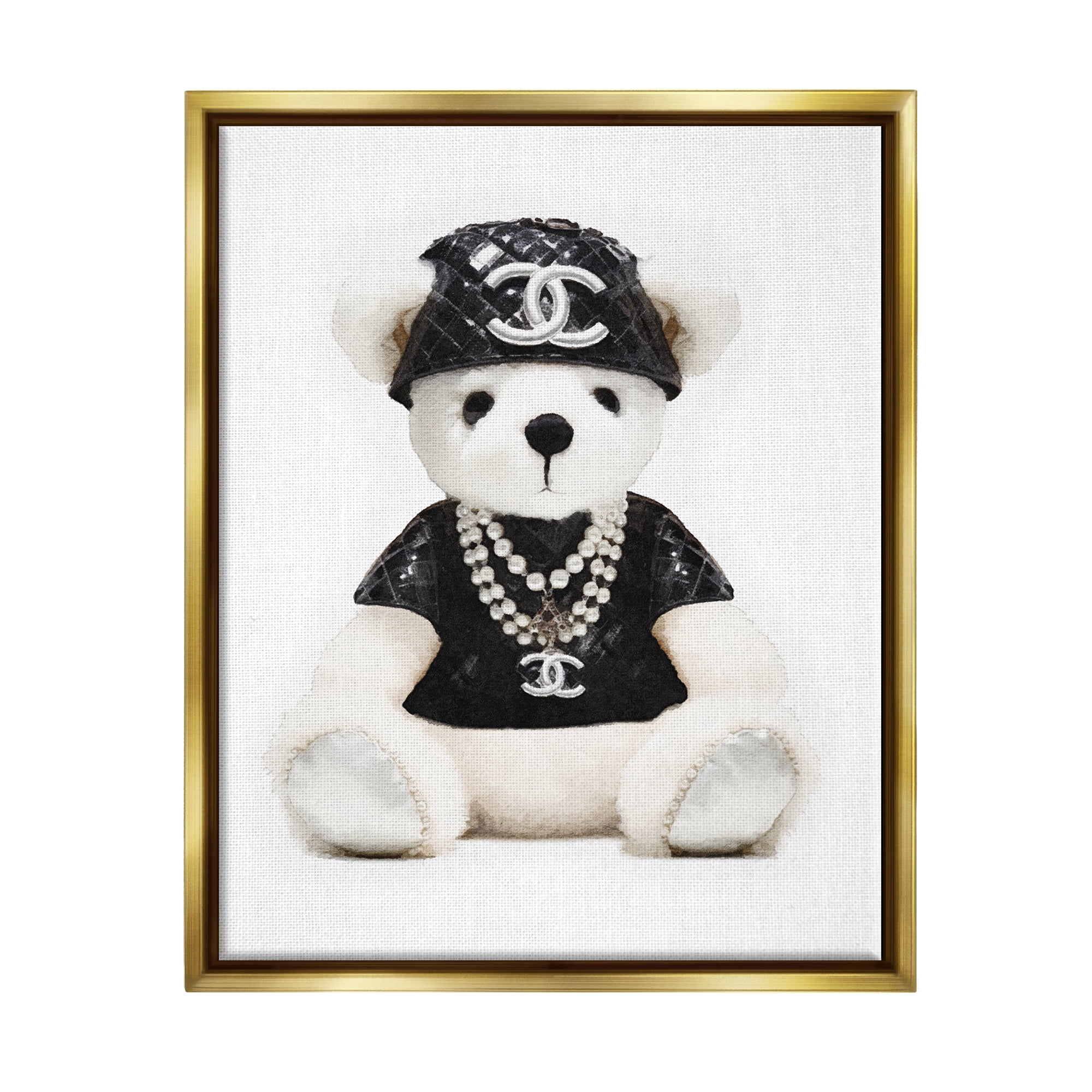 Stupell Industries Fashion Teddy Bear Beauty & Fashion Painting Gold Floater Framed Canvas Art Print Wall Art, 25 x 31