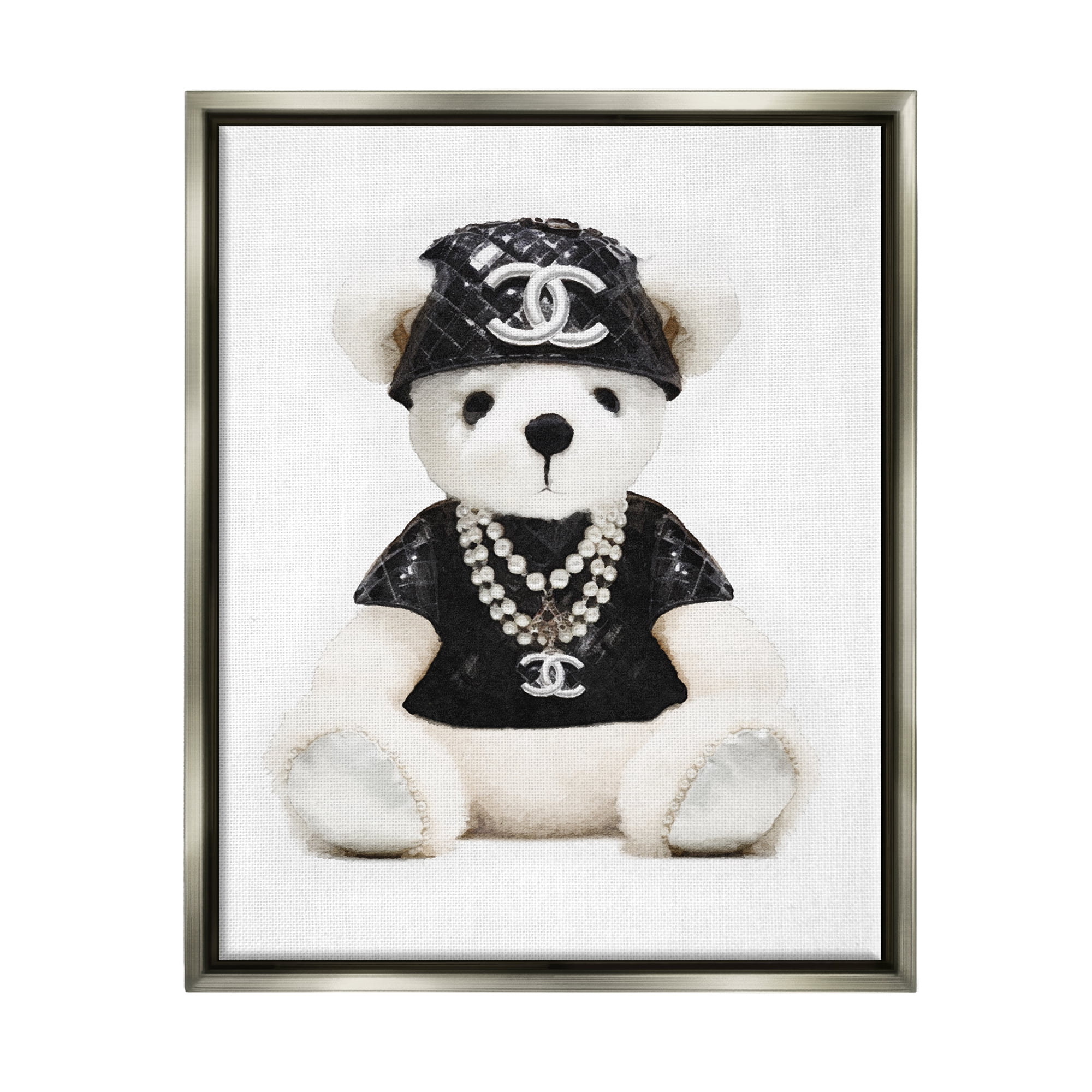 Stupell Industries Fashion Teddy Bear Beauty & Fashion Painting Gray Floater Framed Canvas Art Print Wall Art, 25 x 31