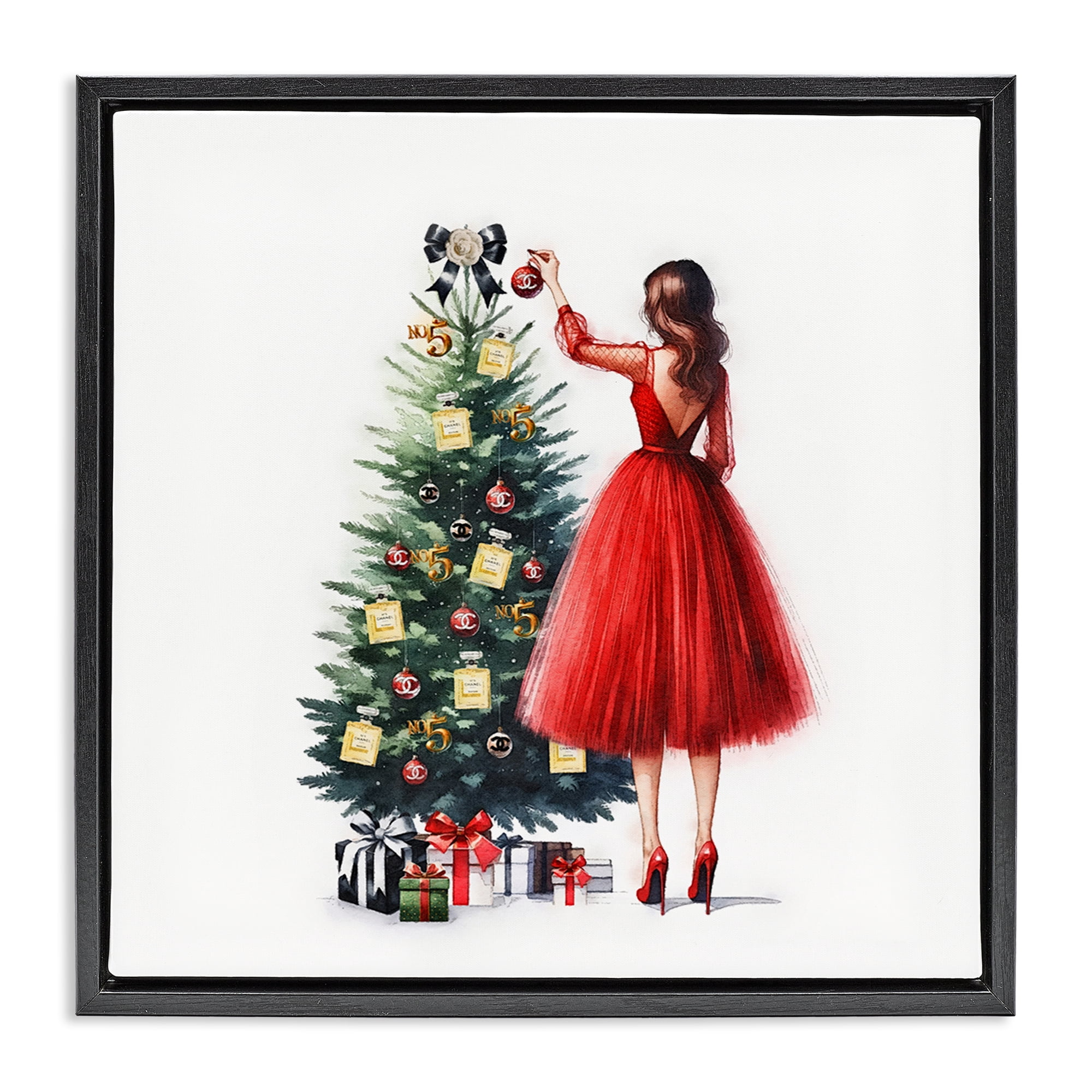 Stupell Industries Fashion Tree Ornaments Holiday Painting Black Floater Framed Canvas Art Prints Wall Art, 18 x 18