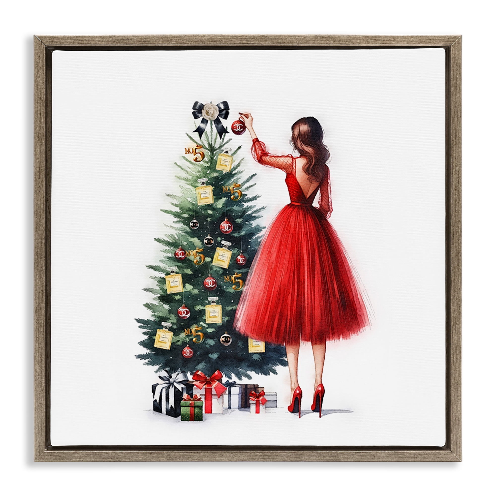 Stupell Industries Fashion Tree Ornaments Holiday Painting Brown Floater Framed Canvas Art Prints Wall Art, 25 x 25