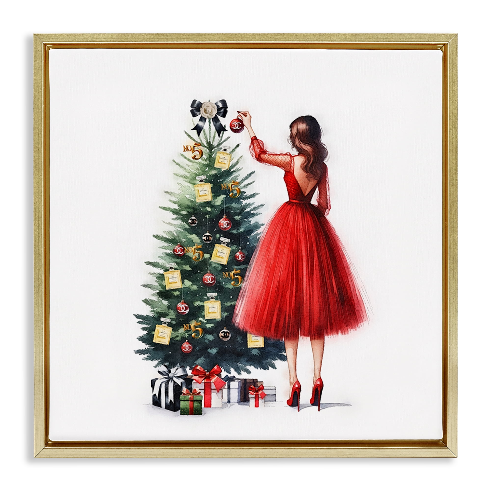 Stupell Industries Fashion Tree Ornaments Holiday Painting Gold Floater Framed Canvas Art Prints Wall Art, 18 x 18