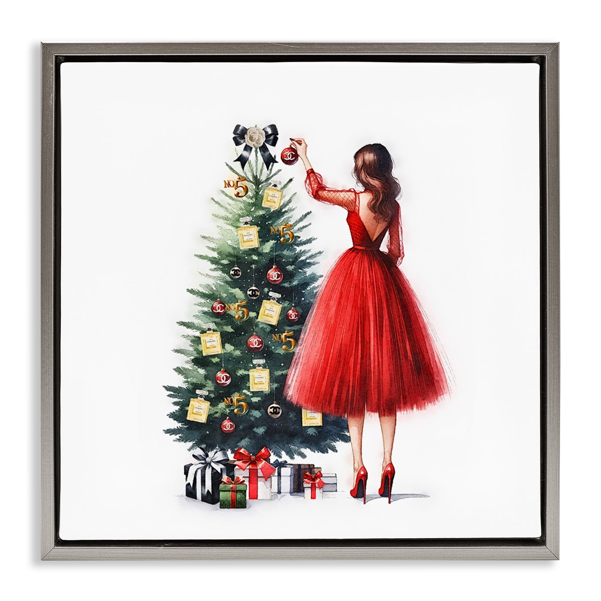 Stupell Industries Fashion Tree Ornaments Holiday Painting Gray Floater Framed Canvas Art Prints Wall Art, 18 x 18