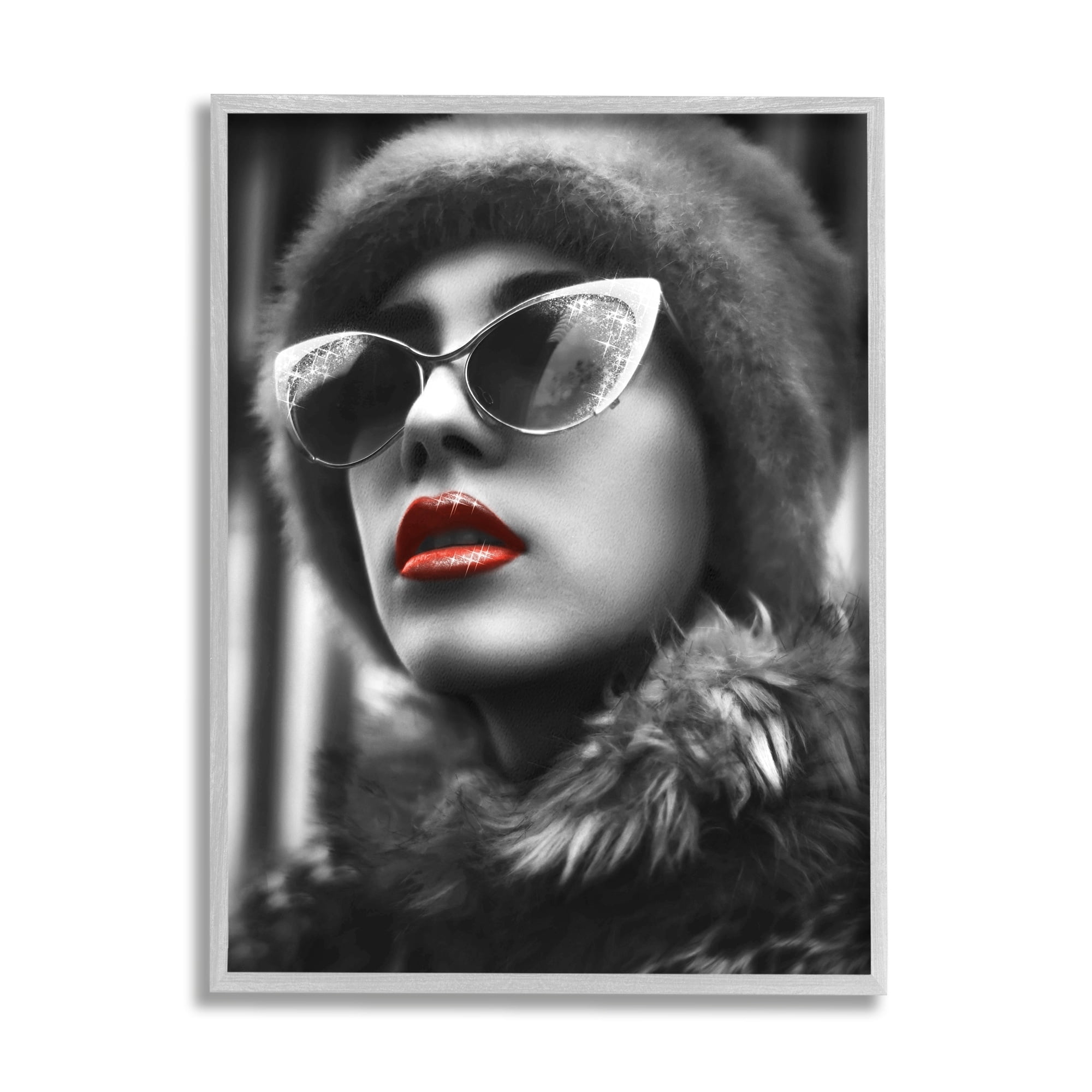 Stupell Industries Fashion Woman Red Lips Glam Sunglasses Fur Coat, 24 x 30, Design by Ziwei Li