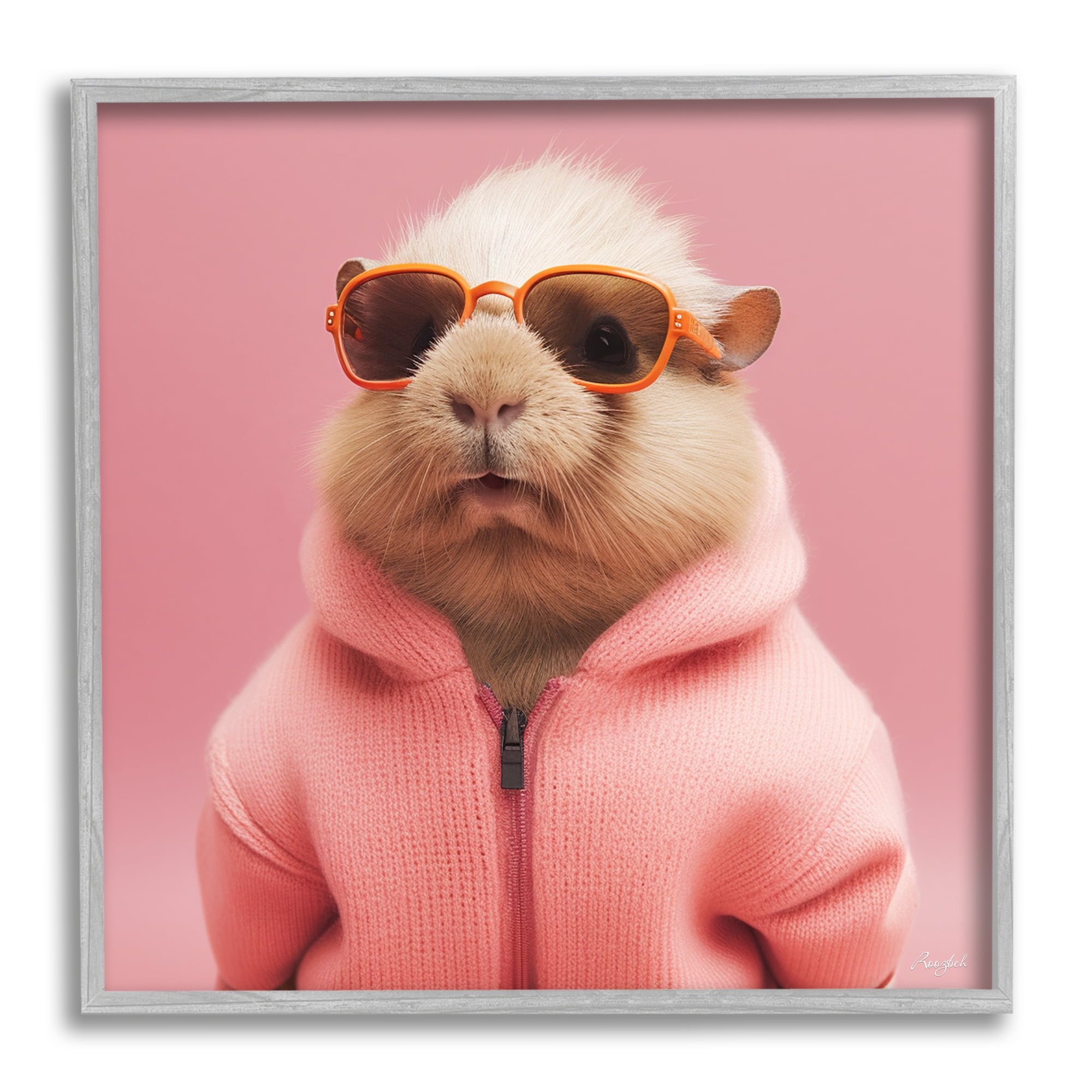 Stupell Industries Fashionable Animal in Pink Animals & Insects Painting Gray Framed Art Print Wall Art, 17 x 17