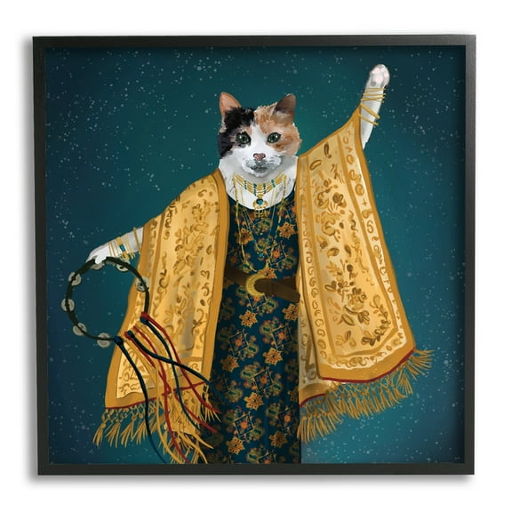 Stupell Industries Fashionable Cat Traditional Patterned Boho Clothing Portrait Graphic Art Black Framed Art Print Wall Art, Design by House of Rose