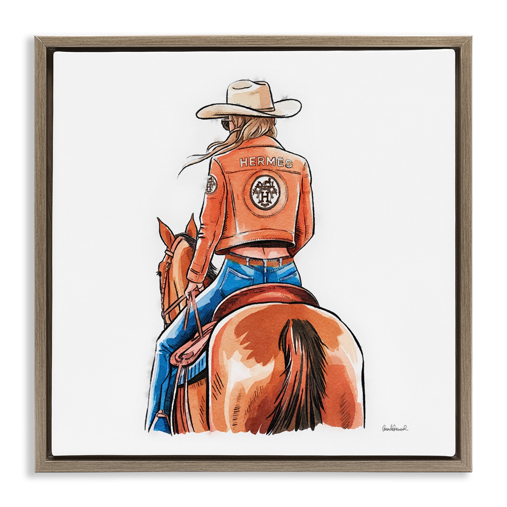 Stupell Industries Fashionable Chic Cowgirl People Painting Brown Floater Framed Canvas Art Print Wall Art, 25 x 25