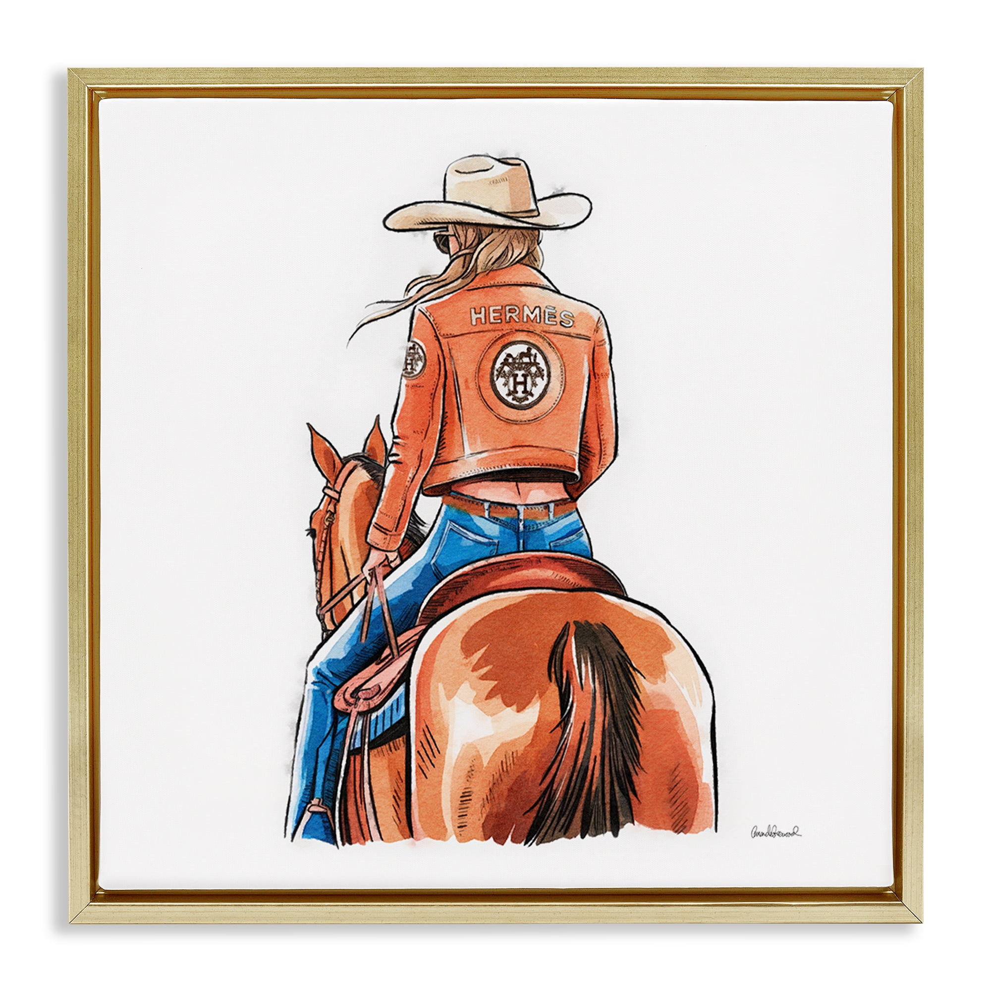 Stupell Industries Fashionable Chic Cowgirl People Painting Gold Floater Framed Canvas Art Print Wall Art, 18 x 18