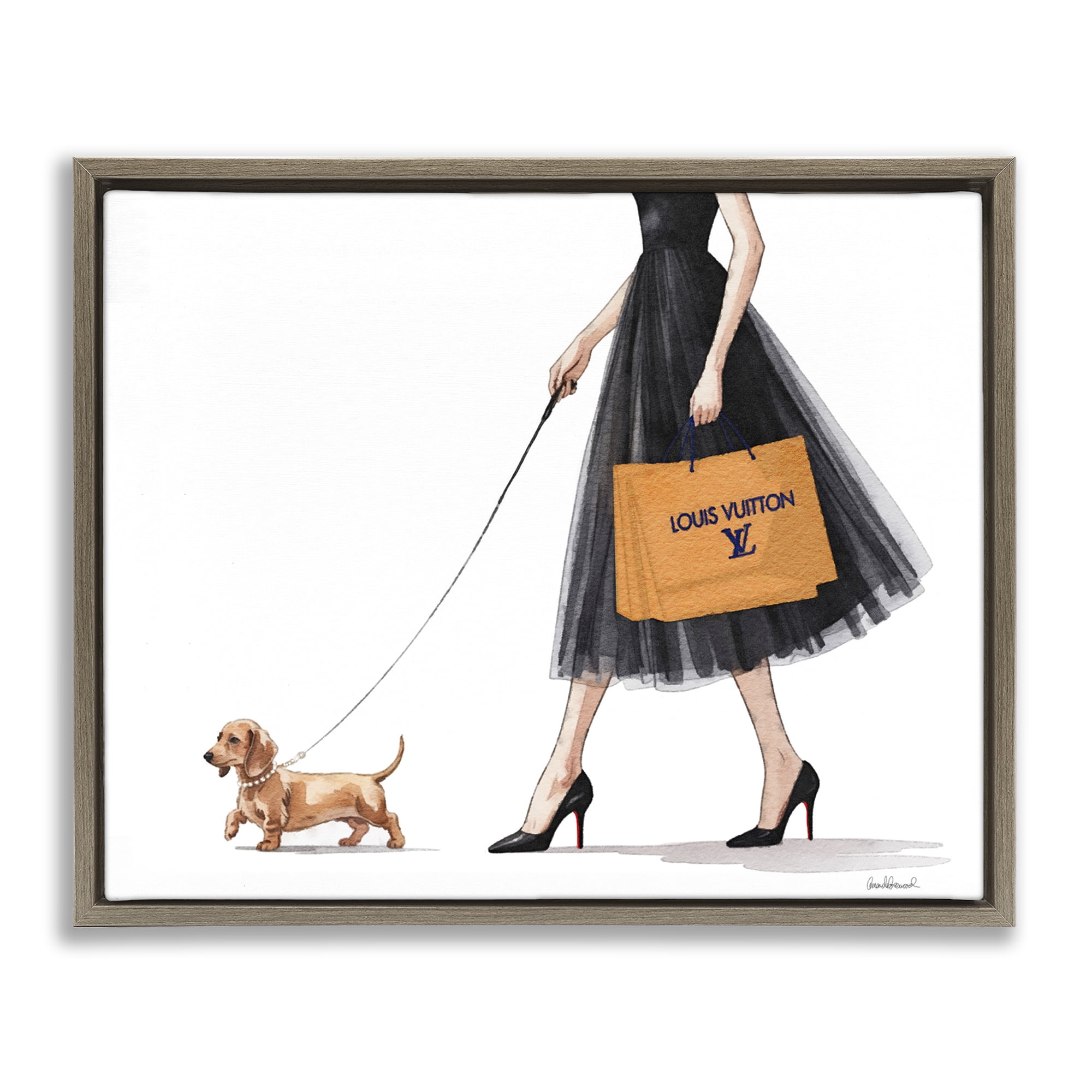 Stupell Industries Fashionable Dog Walking Brown Framed Floater Canvas Wall Art, design by Amanda Greenwood