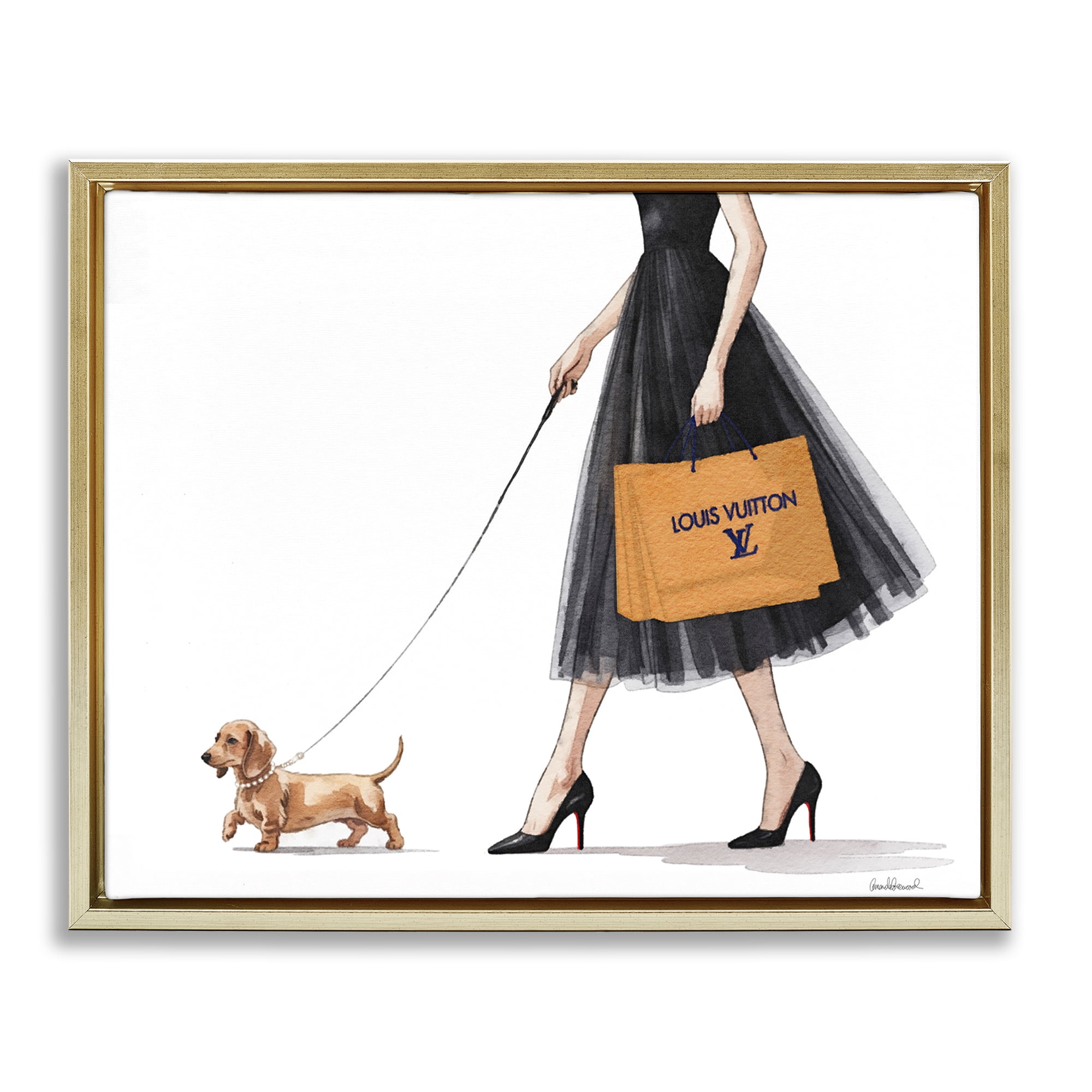 Stupell Industries Fashionable Dog Walking Gold Framed Floater Canvas Wall Art, design by Amanda Greenwood