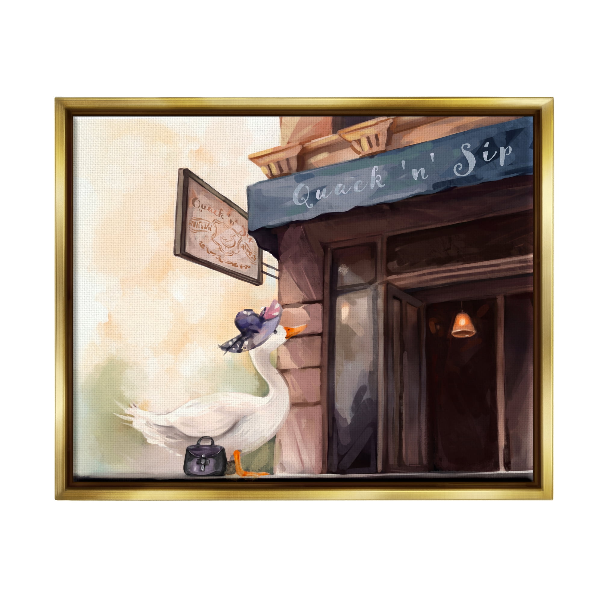 Stupell Industries Fashionable Duck in City Animals & Insects Painting Gold Floater Framed Canvas Art Print Wall Art, 31 x 25
