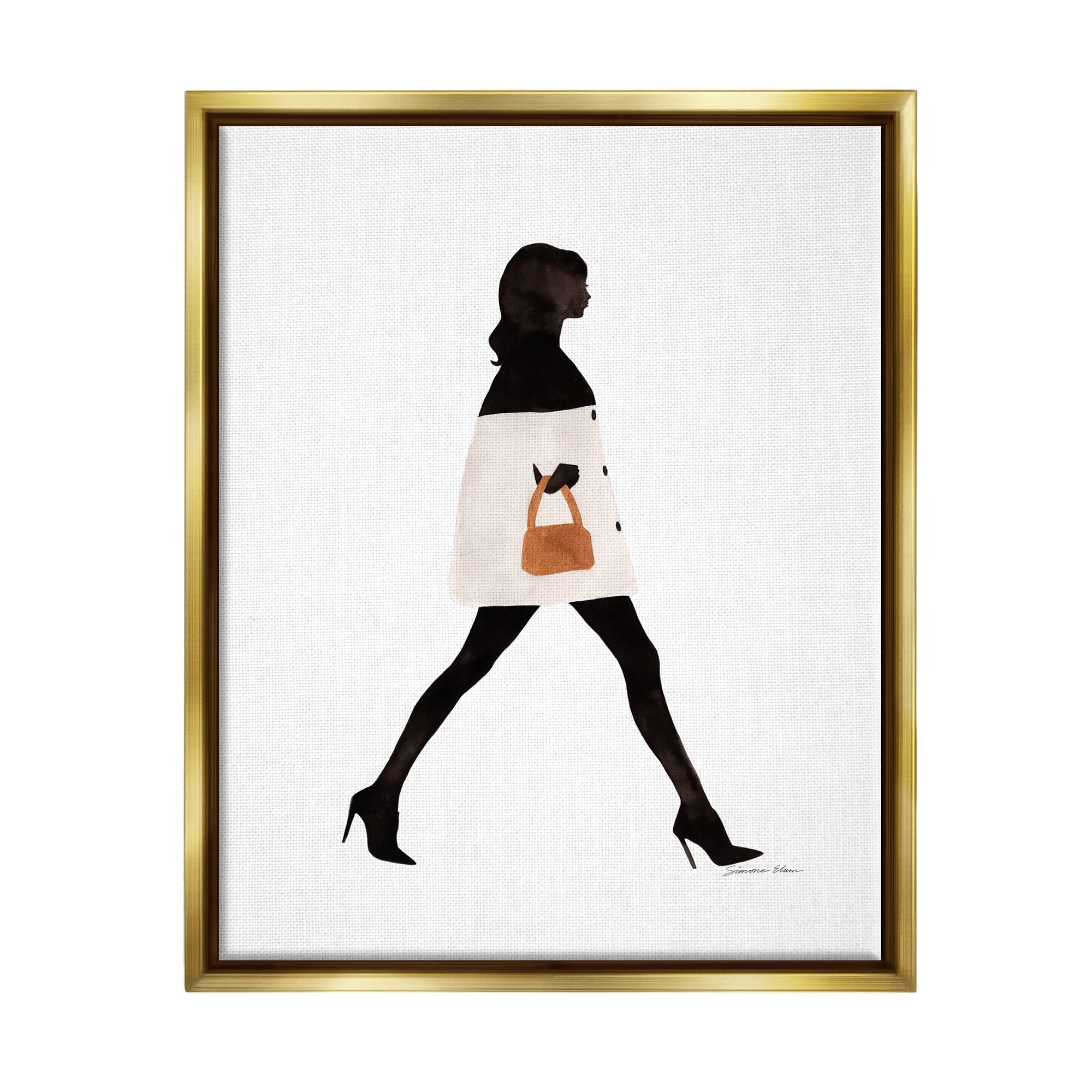Stupell Industries Fashionable Girl Walking Beauty & Fashion Painting Gold Floater Framed Art Print Wall Art, 17 x 21