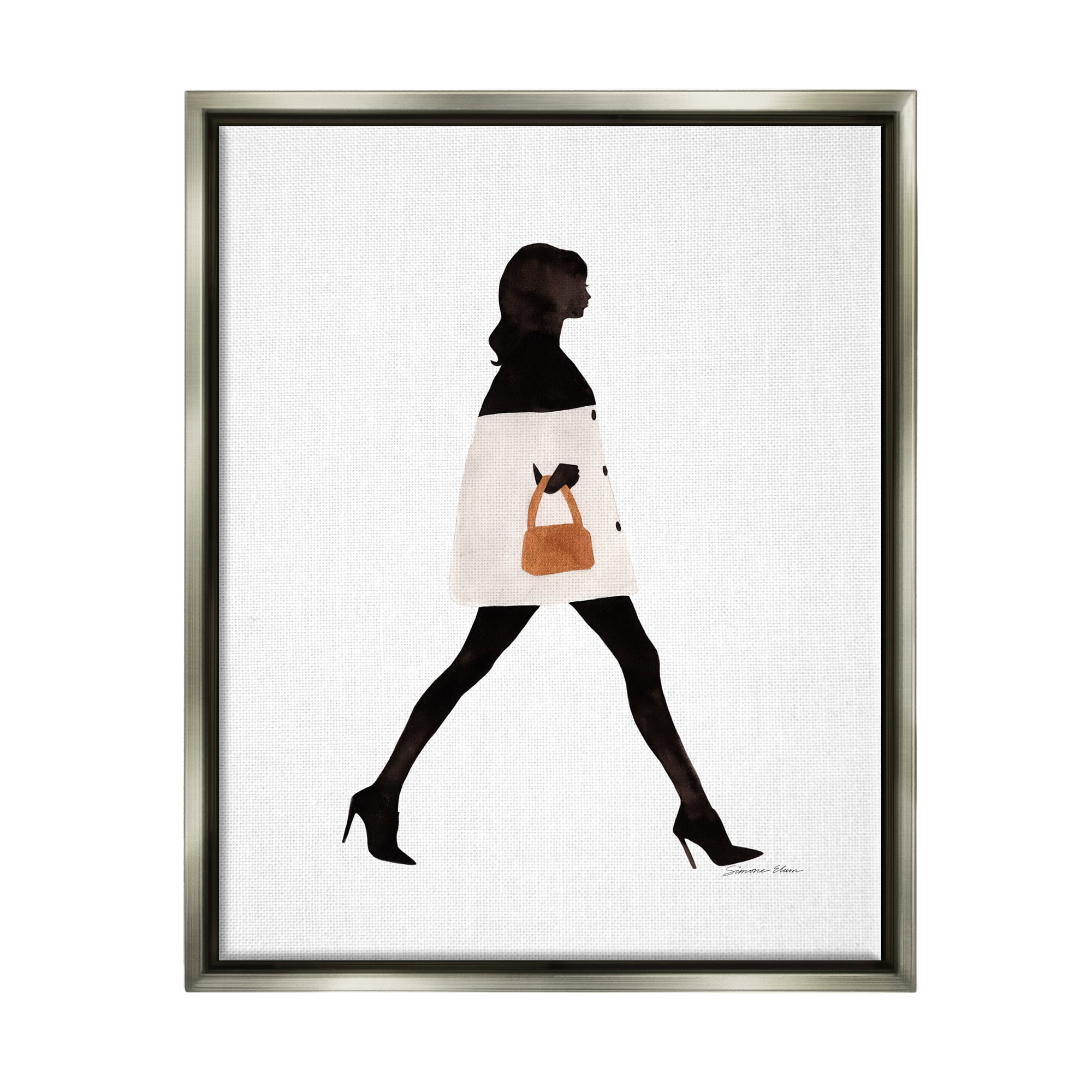 Stupell Industries Fashionable Girl Walking Beauty & Fashion Painting Gray Floater Framed Art Print Wall Art, 25 x 31
