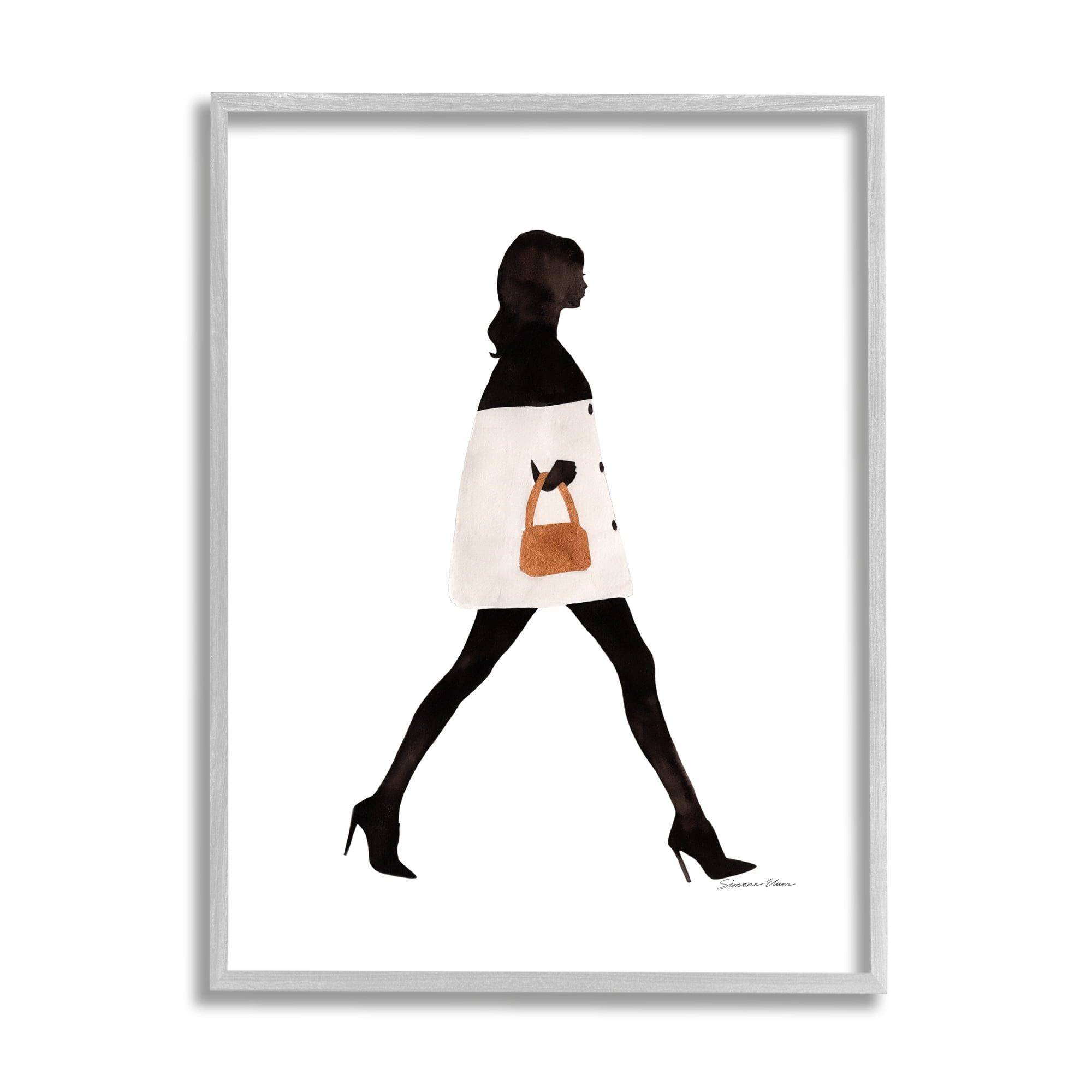 Stupell Industries Fashionable Girl Walking Beauty & Fashion Painting Gray Framed Art Print Wall Art, 11 x 14