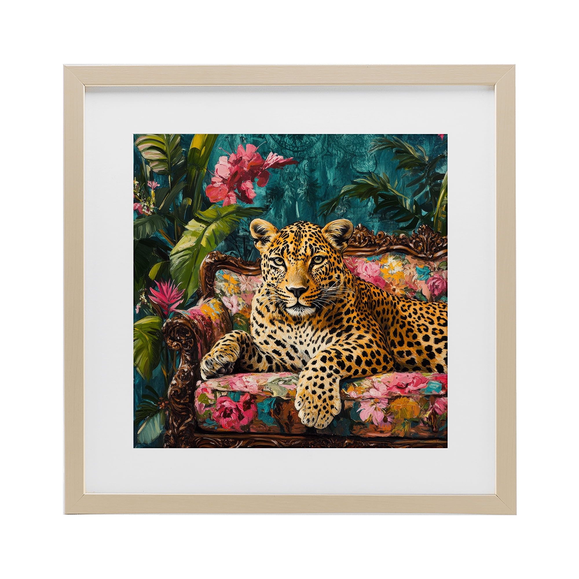 Stupell Industries Fashionable Leopard on Floral Sofa Birch Framed Print Under Glass, design by Petal Prints Design