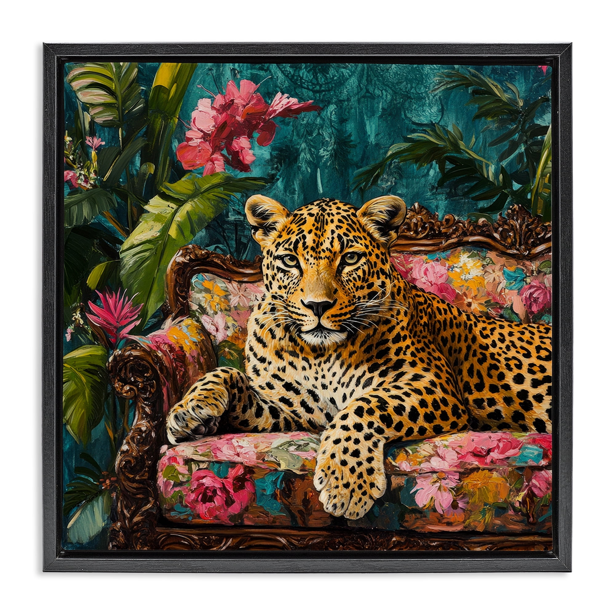 Stupell Industries Fashionable Leopard on Floral Sofa Black Framed Floater Canvas Wall Art, design by Petal Prints Design
