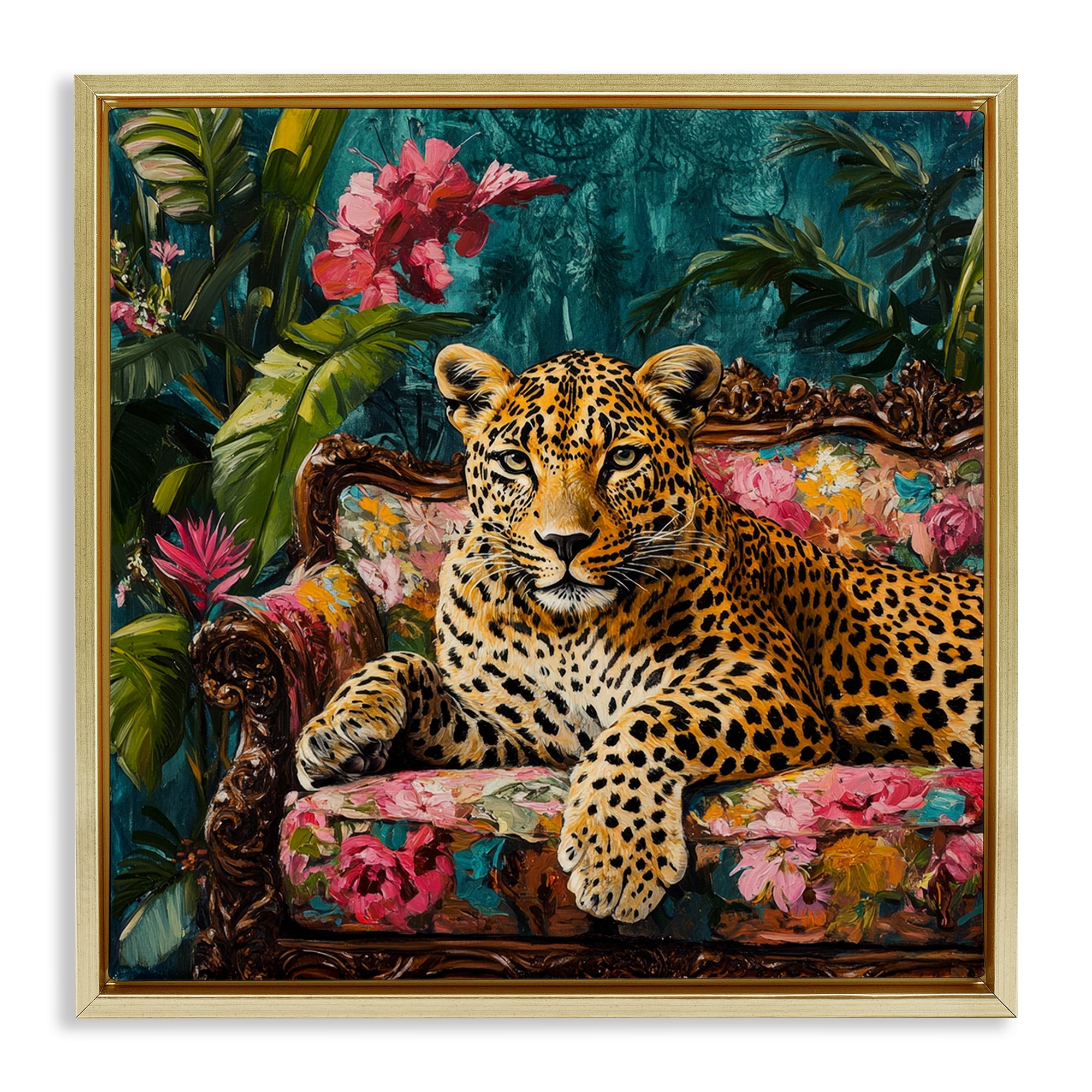 Stupell Industries Fashionable Leopard on Floral Sofa Gold Framed Floater Canvas Wall Art, design by Petal Prints Design