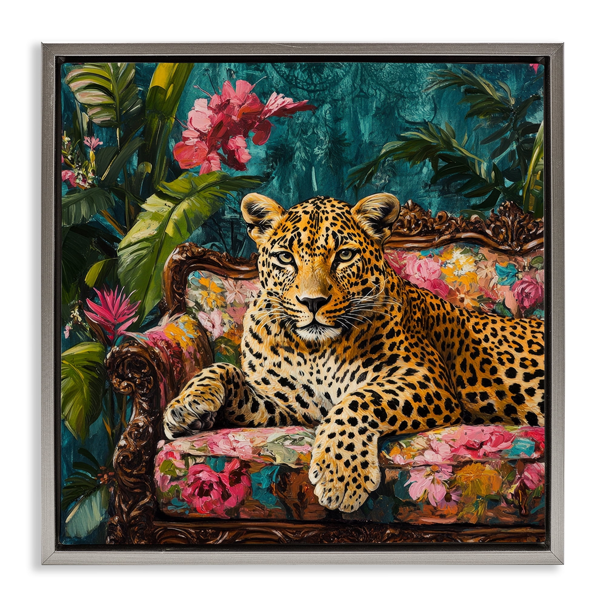 Stupell Industries Fashionable Leopard on Floral Sofa Gray Framed Floater Canvas Wall Art, design by Petal Prints Design