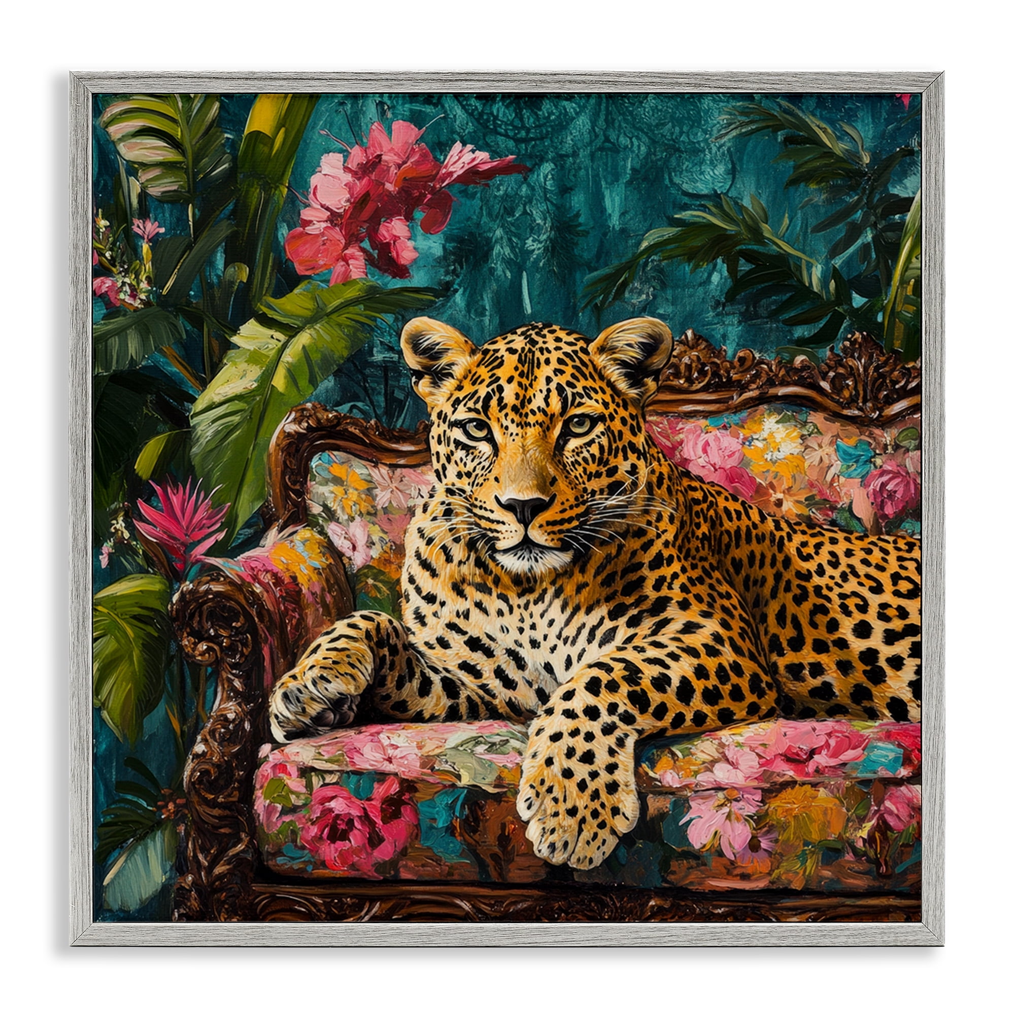 Stupell Industries Fashionable Leopard on Floral Sofa Gray Framed Giclee Art, design by Petal Prints Design