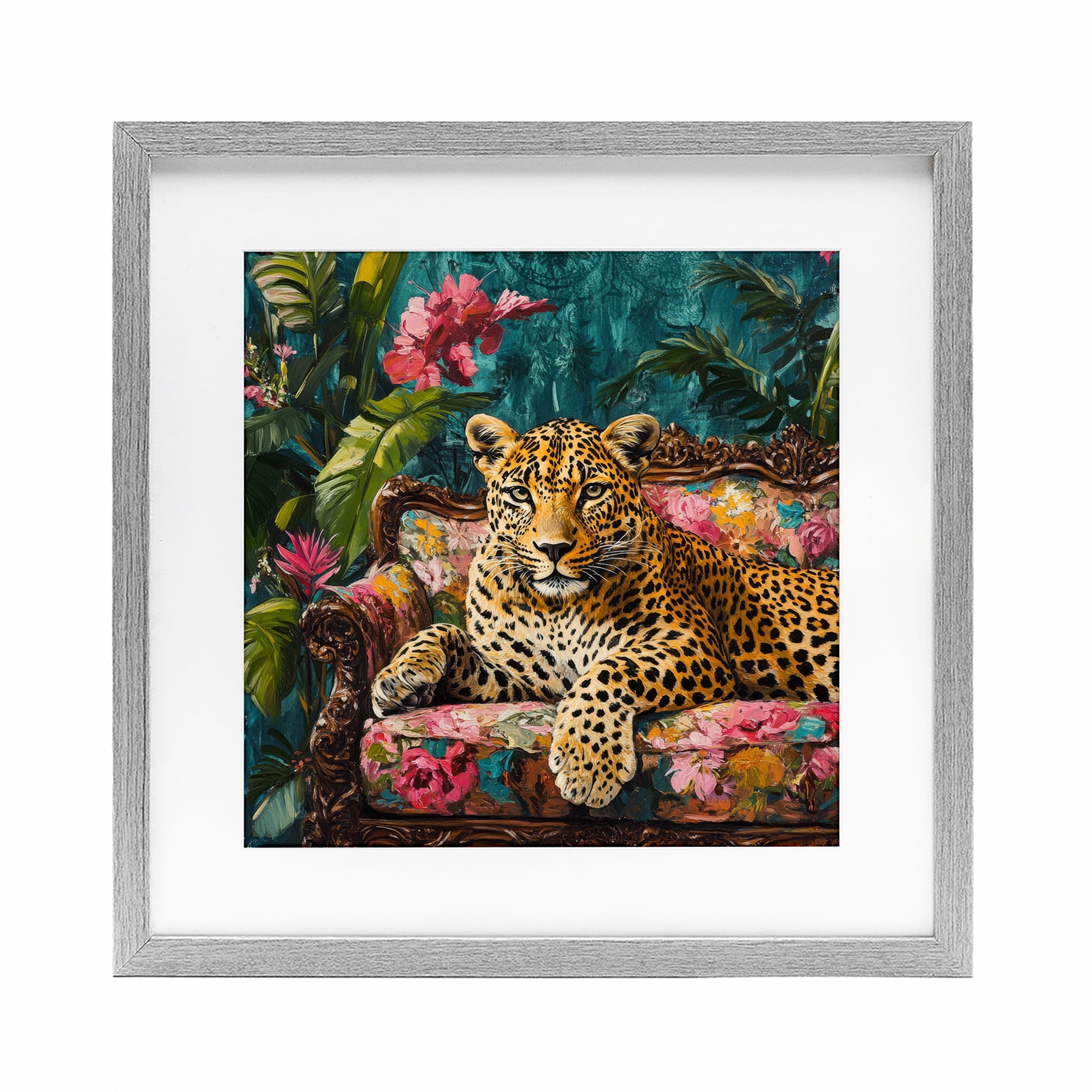 Stupell Industries Fashionable Leopard on Floral Sofa Gray Framed Print Under Glass, design by Petal Prints Design