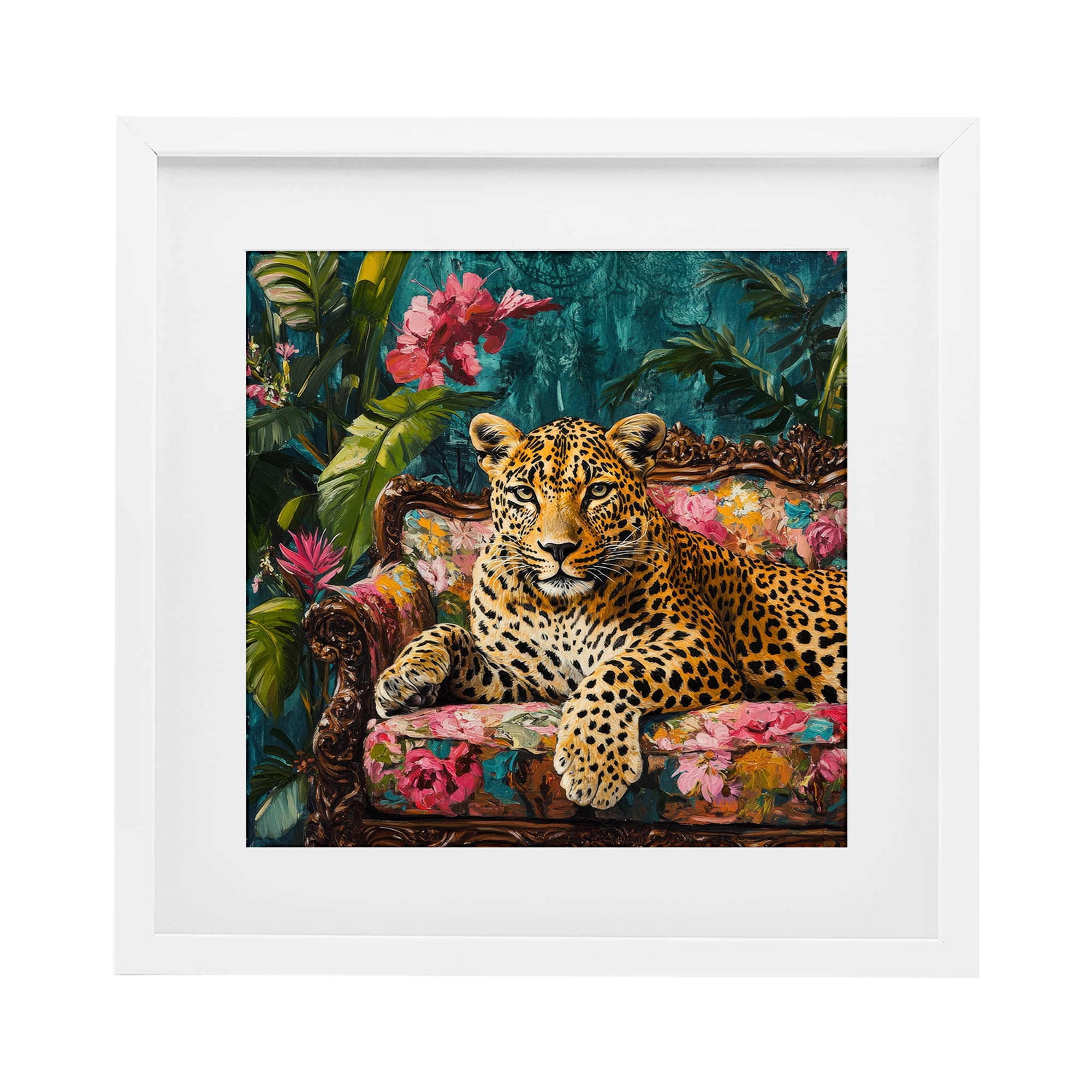 Stupell Industries Fashionable Leopard on Floral Sofa White Framed Print Under Glass, design by Petal Prints Design