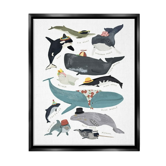 Stupell Industries Fashionable Sea Creatures Animals & Insects Painting Black Floater Framed Canvas Art Print Wall Art, 17 x 21