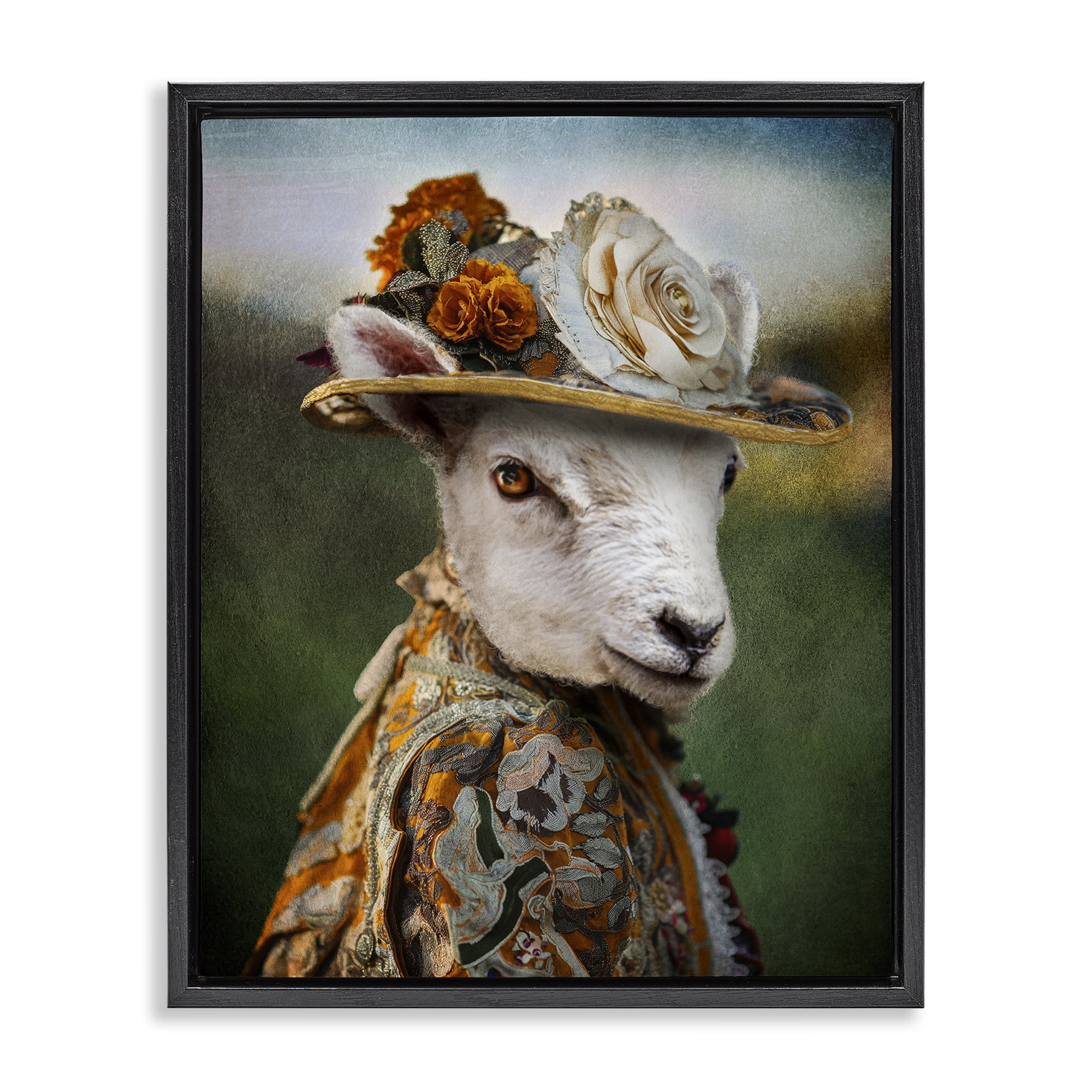 Stupell Industries Fashionable Sheep Portrait Animals & Insects Painting Black Floater Framed Canvas Art Print Wall Art, 25 x 31