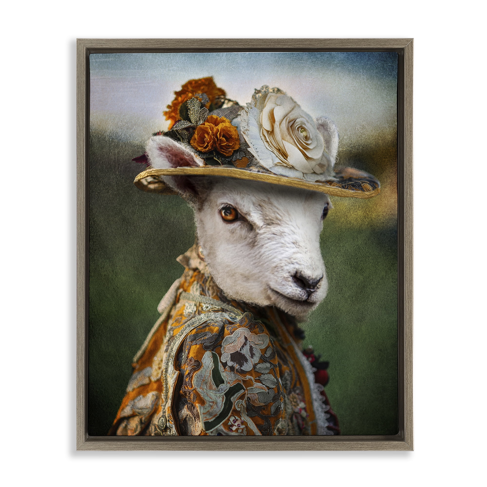 Stupell Industries Fashionable Sheep Portrait Animals & Insects Painting Brown Floater Framed Canvas Art Print Wall Art, 17 x 21