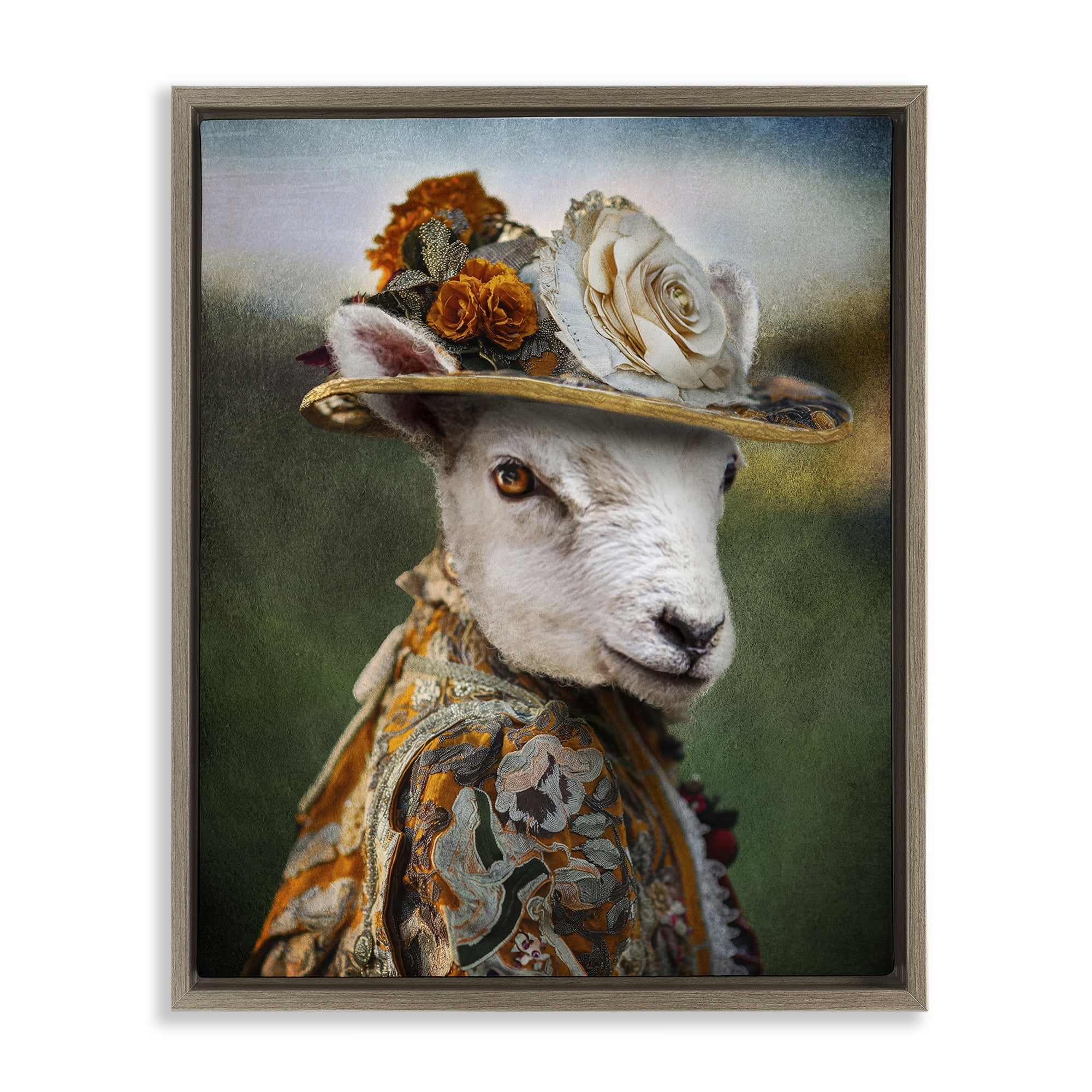 Stupell Industries Fashionable Sheep Portrait Animals & Insects Painting Brown Floater Framed Canvas Art Print Wall Art, 25 x 31