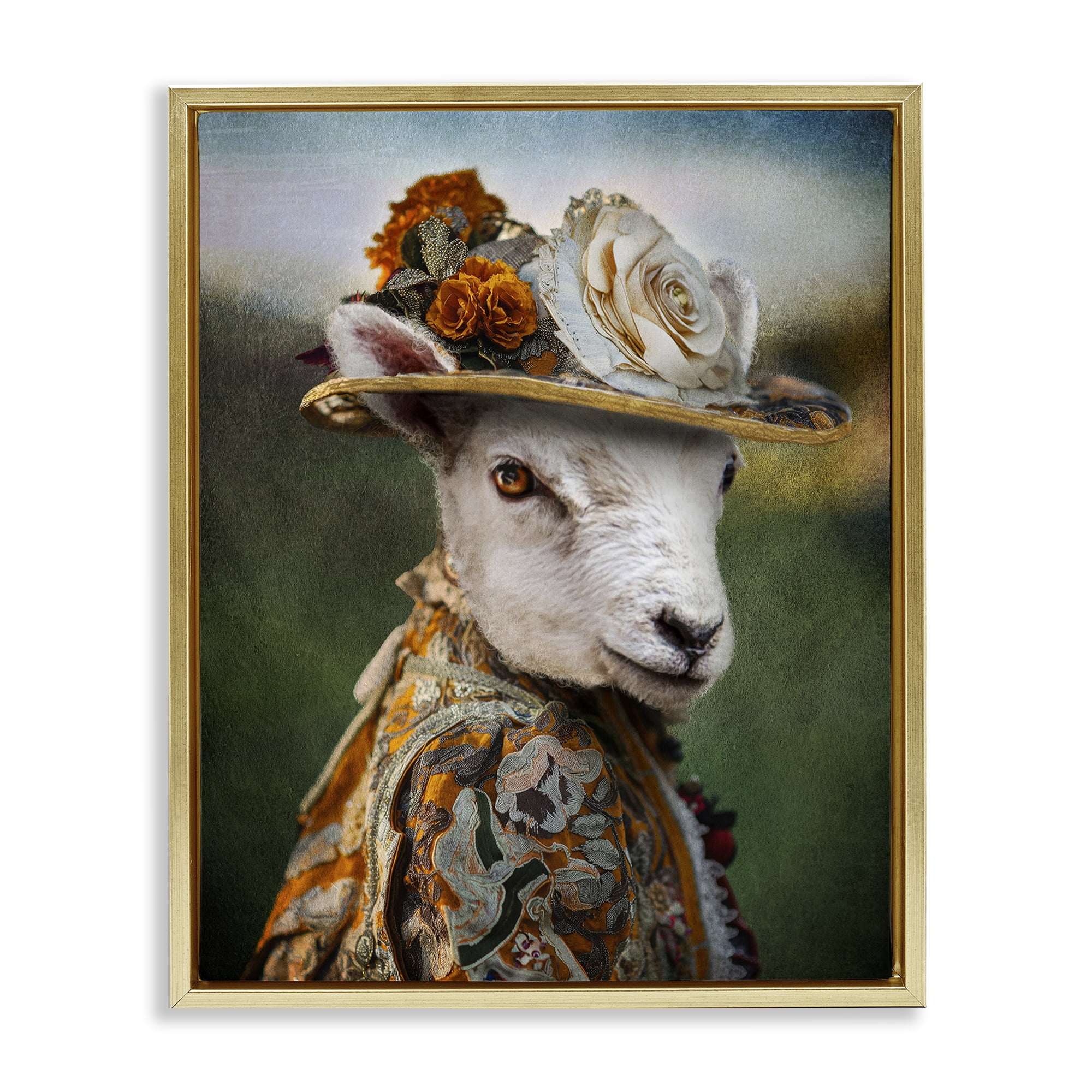 Stupell Industries Fashionable Sheep Portrait Animals & Insects Painting Gold Floater Framed Canvas Art Print Wall Art, 17 x 21