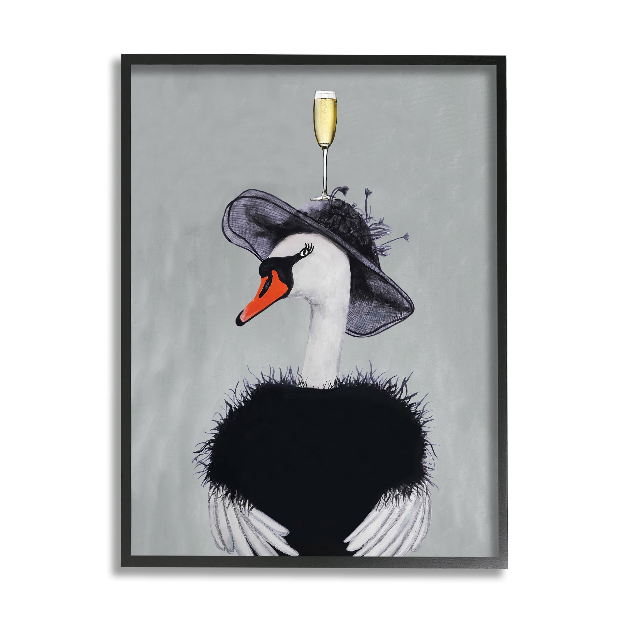 Stupell Industries Fashionable Swan Champagne Glass Wearing Hat Dress Paintings Black Framed Art Print Wall Art, 24x30, by Coco de Paris