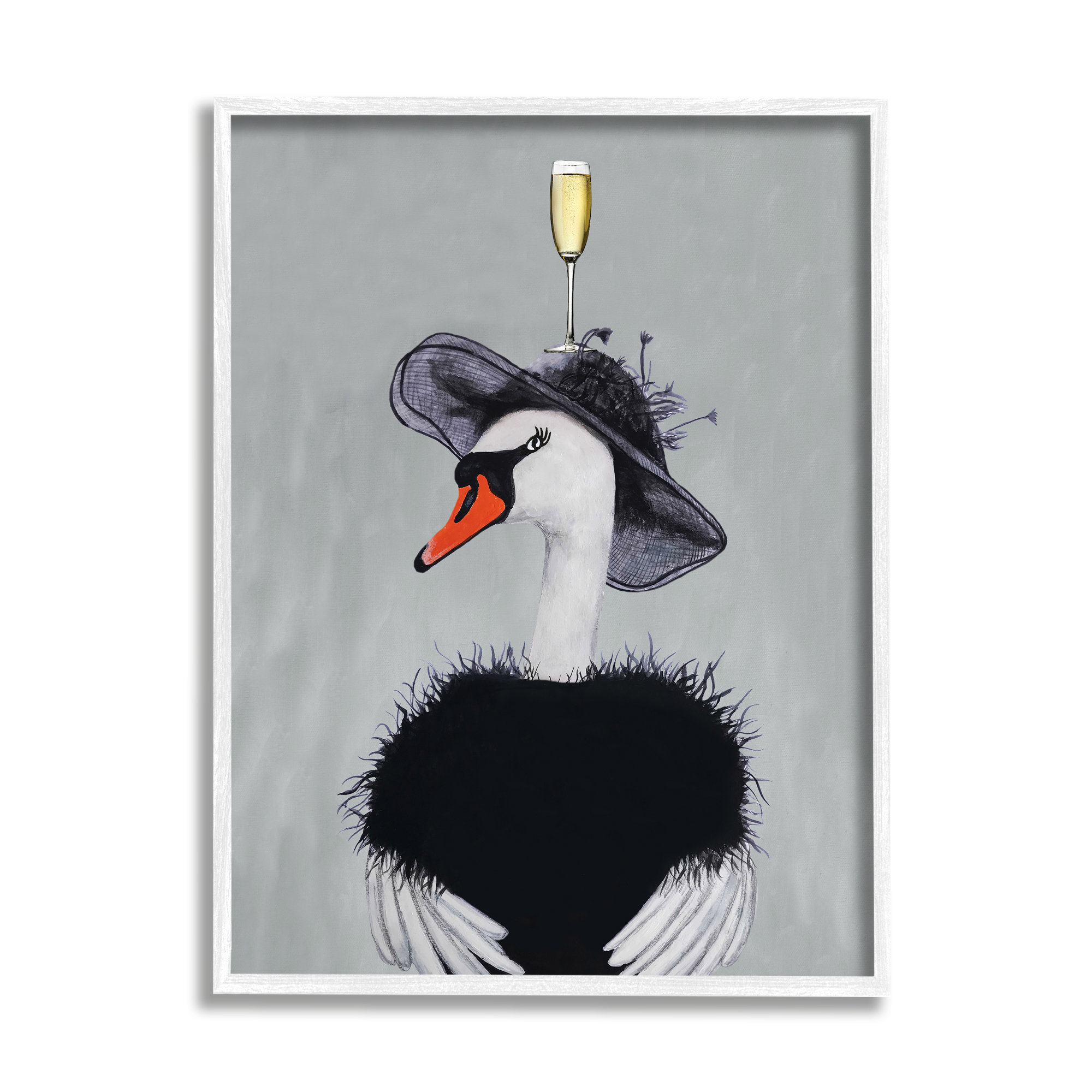 Stupell Industries Fashionable Swan Champagne Glass Wearing Hat Dress Paintings White Framed Art Print Wall Art, 11x14, by Coco de Paris
