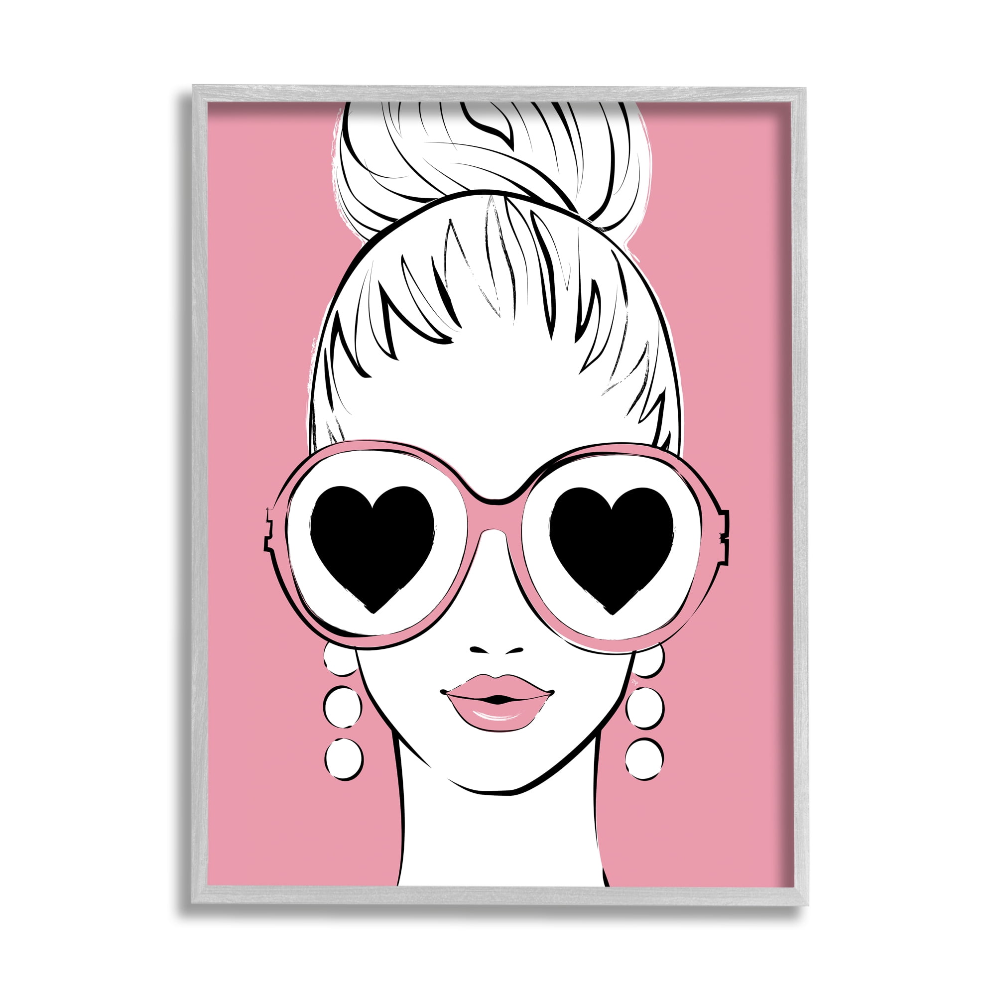 Stupell Industries Fashionable Woman Heart Sunglasses Pink Glam Drawing Graphic Art Gray Framed Art Print Wall Art, Design by Martina Pavlova