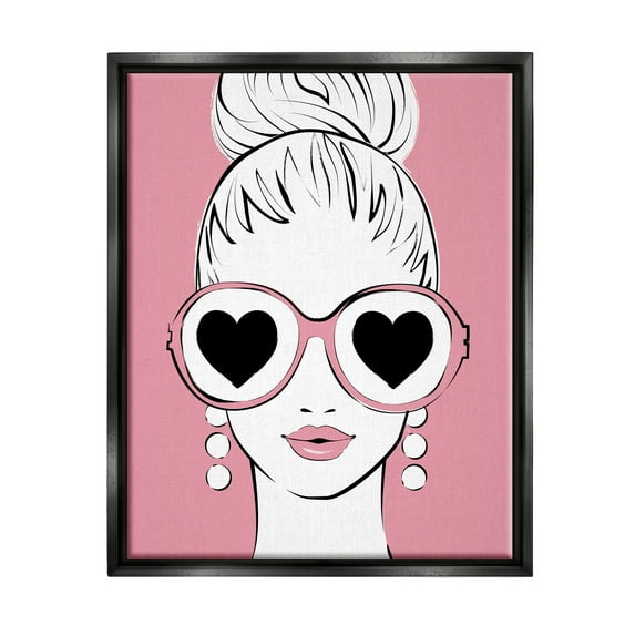 Stupell Industries Fashionable Woman Heart Sunglasses Pink Glam Drawing Graphic Art Jet Black Floating Framed Canvas Print Wall Art, Design by Martina Pavlova