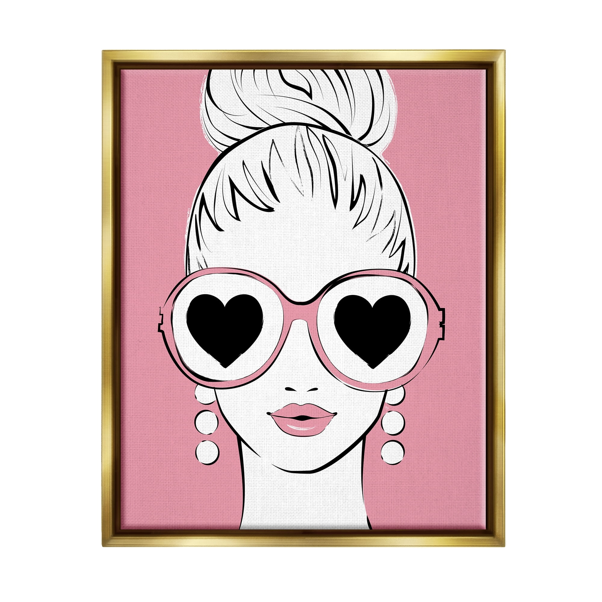 Stupell Industries Fashionable Woman Heart Sunglasses Pink Glam Drawing Graphic Art Metallic Gold Floating Framed Canvas Print Wall Art, Design by Martina Pavlova