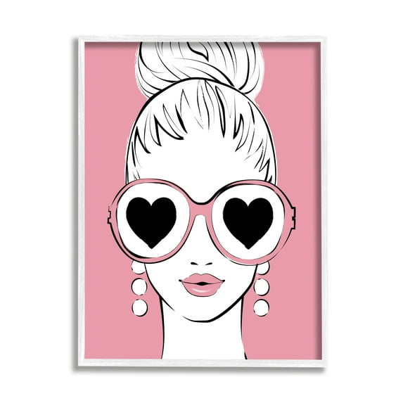 Stupell Industries Fashionable Woman Heart Sunglasses Pink Glam Drawing Graphic Art White Framed Art Print Wall Art, Design by Martina Pavlova