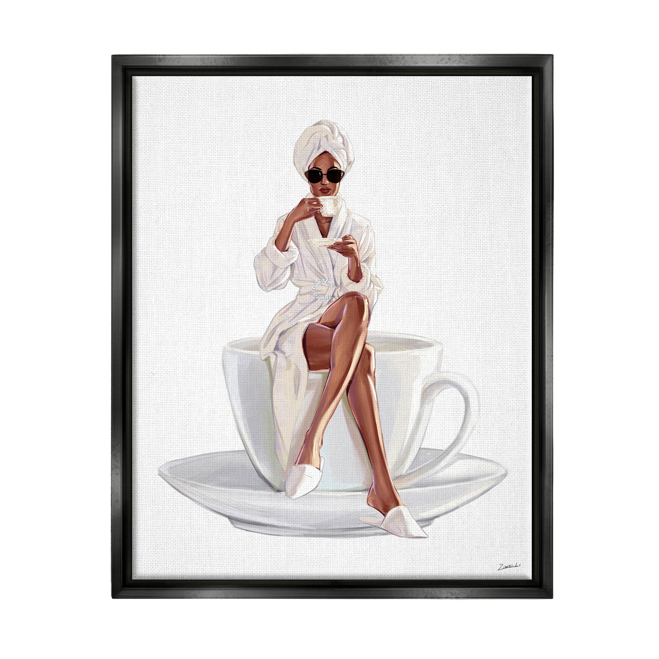Stupell Industries Fashionable Woman Morning Coffee Graphic Art Jet Black Floating Framed Canvas Print Wall Art, Design by Ziwei Li