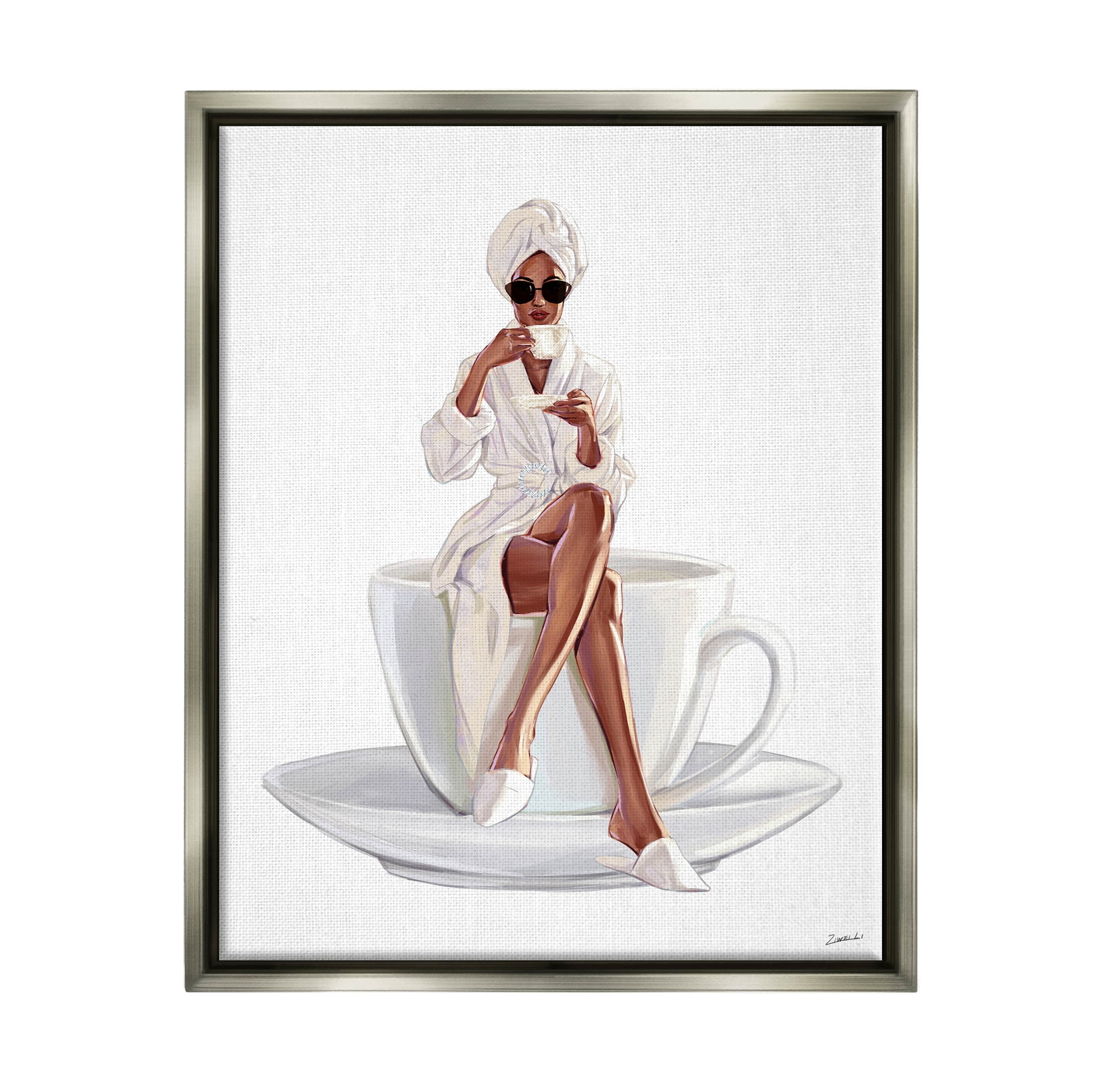 Stupell Industries Fashionable Woman Morning Coffee Graphic Art Luster Gray Floating Framed Canvas Print Wall Art, Design by Ziwei Li