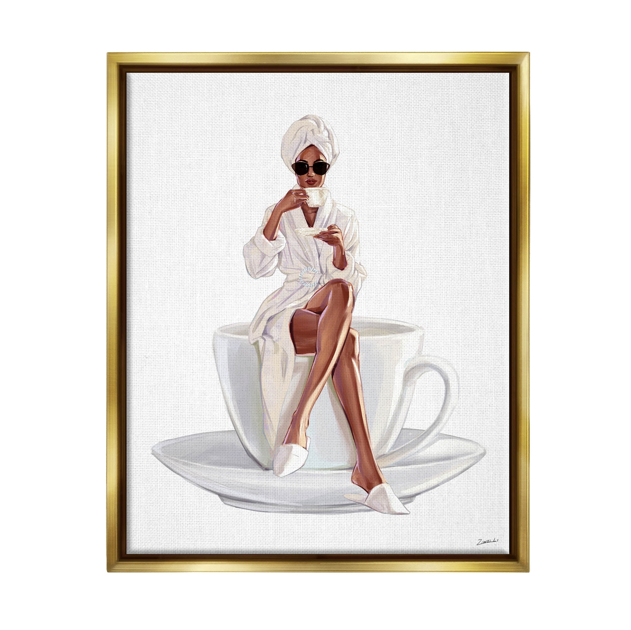 Stupell Industries Fashionable Woman Morning Coffee Graphic Art Metallic Gold Floating Framed Canvas Print Wall Art, Design by Ziwei Li