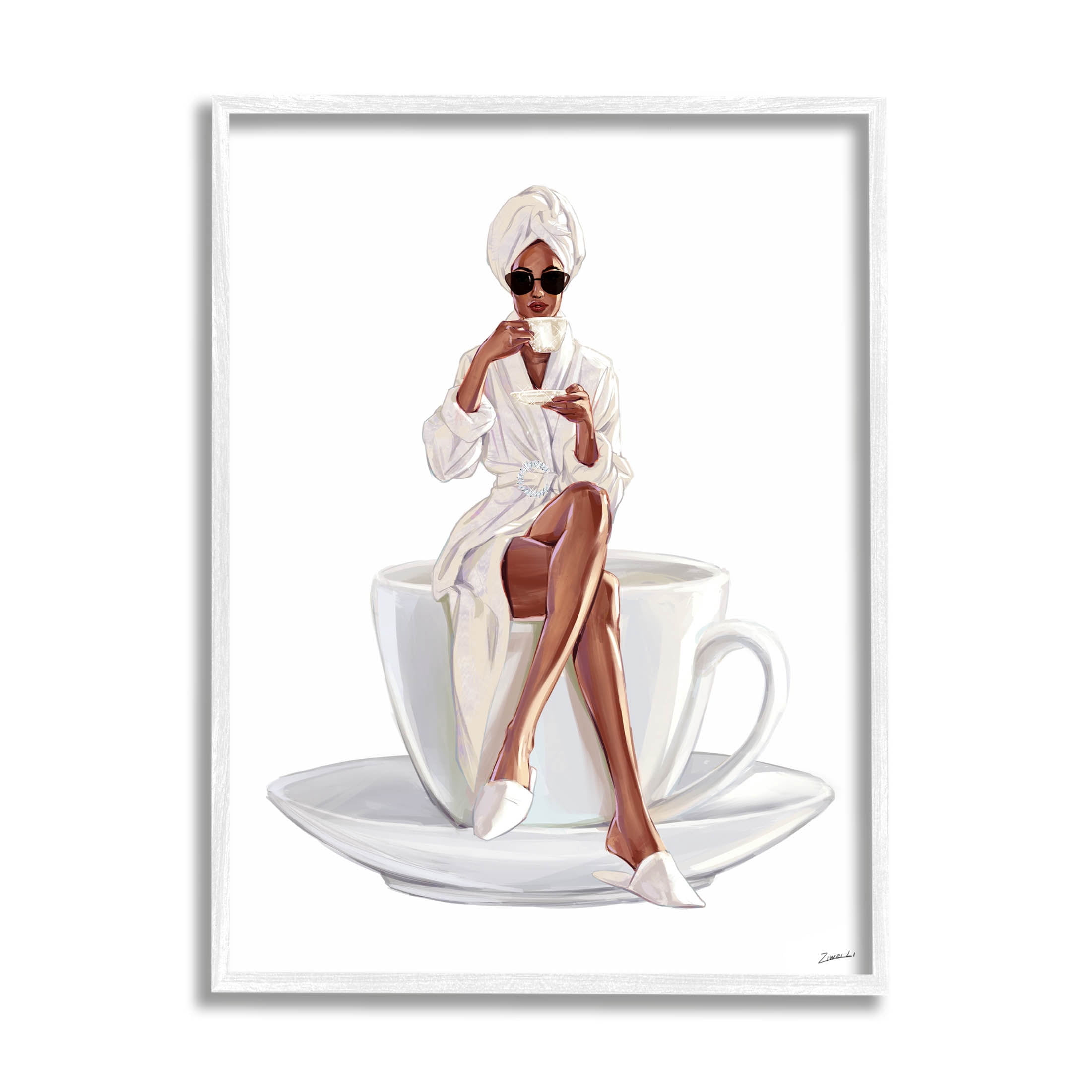 Stupell Industries Fashionable Woman Morning Coffee Graphic Art White Framed Art Print Wall Art, Design by Ziwei Li
