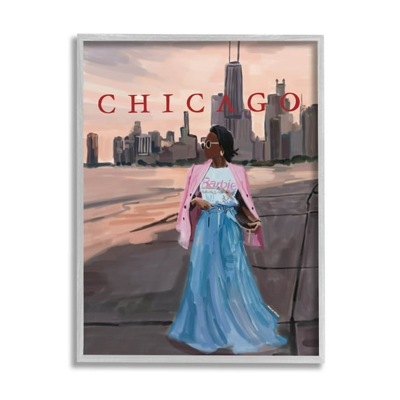 Stupell Industries Fashionable Woman Urban Chicago City Graphic Art Gray Framed Art Print Wall Art, Design by Amelia Noyes