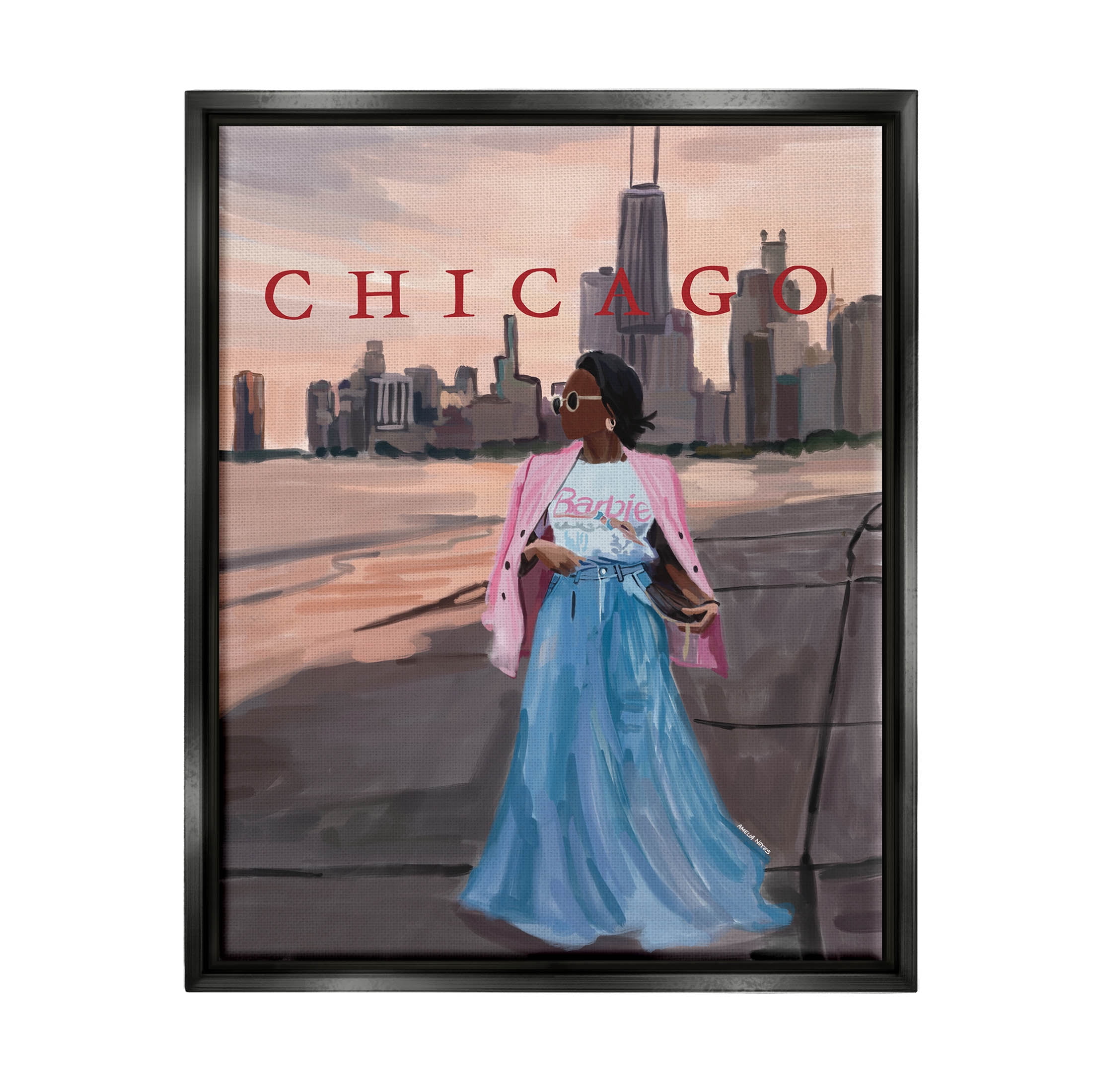 Stupell Industries Fashionable Woman Urban Chicago City Graphic Art Jet Black Floating Framed Canvas Print Wall Art, Design by Amelia Noyes