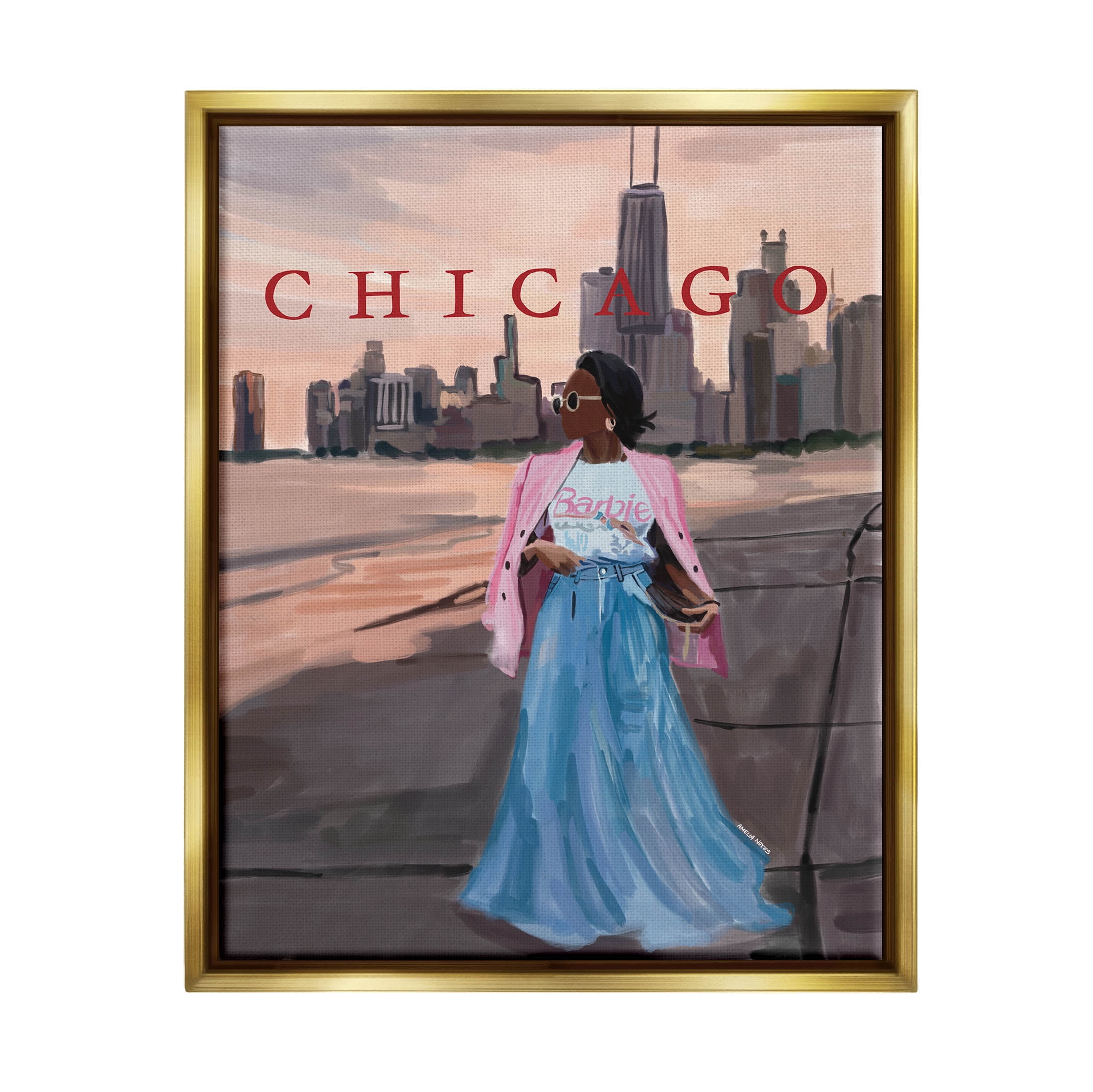 Stupell Industries Fashionable Woman Urban Chicago City Graphic Art Metallic Gold Floating Framed Canvas Print Wall Art, Design by Amelia Noyes